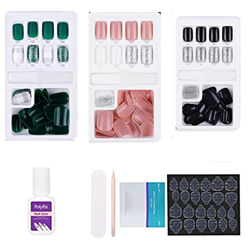 Coslifestore - Press on Nails for Women with Application Kit - Nail Glue, Manicure Tools, Cleaning Swabs, Jelly Glue & Nail Buffer (Pack of 3) - Perfect for Home Manicures, Parties & Special Occasions