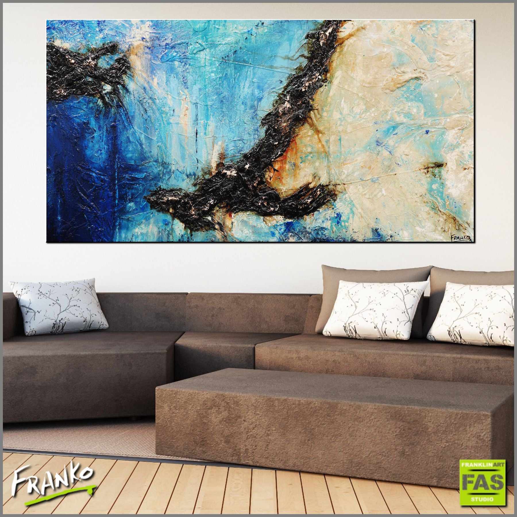 Evolution 190cm x 100cm Blue Cream Abstract Canvas Art - Modern Wall Decor for Living Room, Bedroom & Office