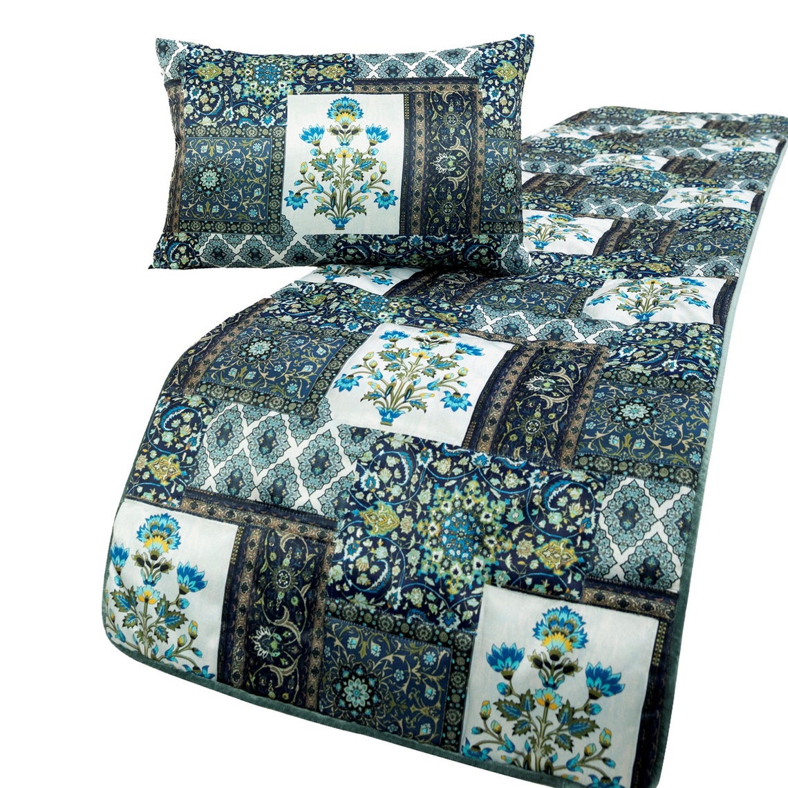 Bahar Satin Blue Decorative Bed Runner and Pillow Cover Set - Luxury Bedding Accent for Master Bedroom, Guest Room & Home Decor