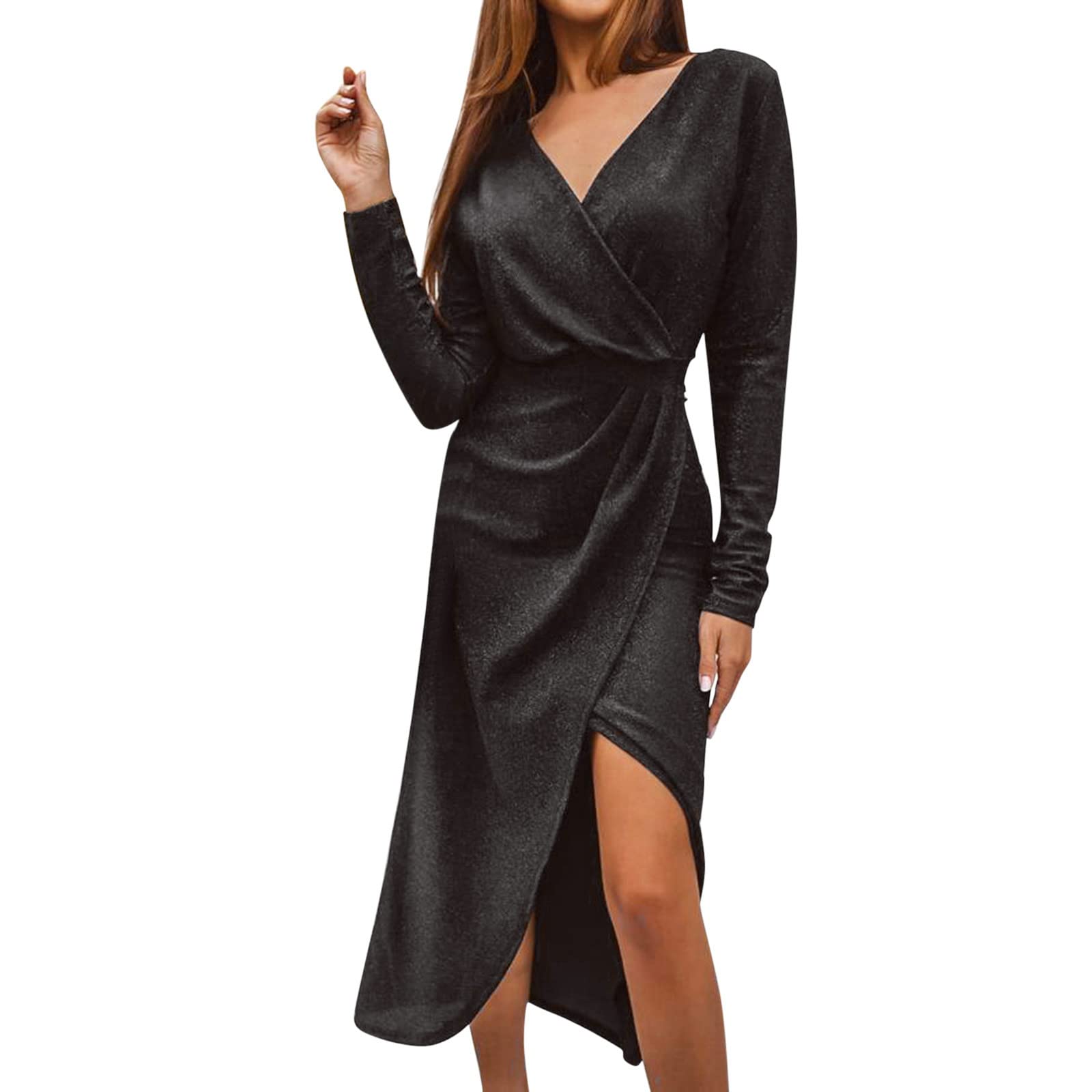 Women's V-Neck Long Sleeve Casual Dress - Elegant Asymmetrical Hem for Work, Date Night & Fall Outfits | Plus Size Options Available