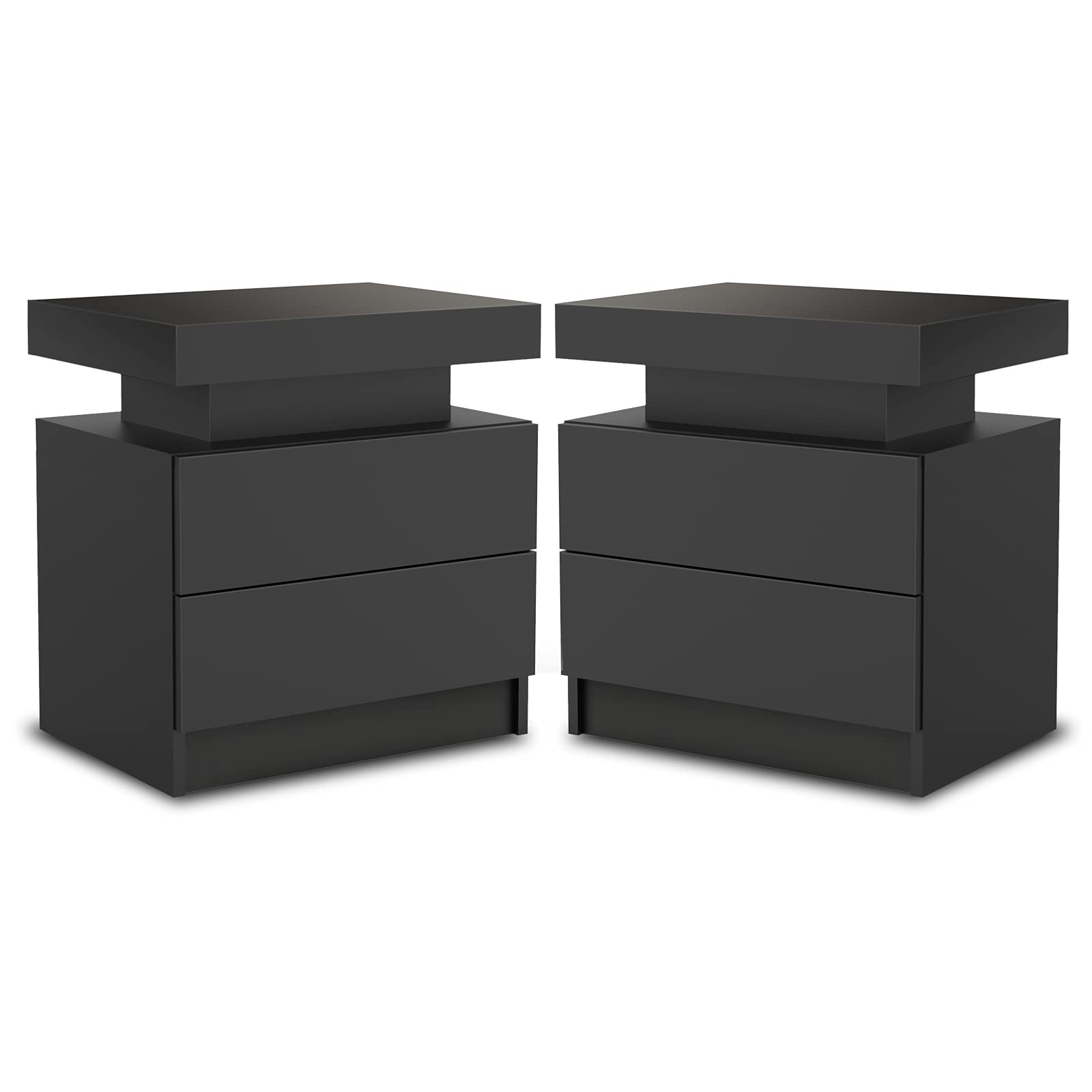Premium Black LED Nightstand Set of 2 - Modern Wooden Bedside Tables with 2 Drawers & Built-in Lighting - Perfect for Bedroom, Living Room, or Office as Stylish End Tables with Ambient Glow