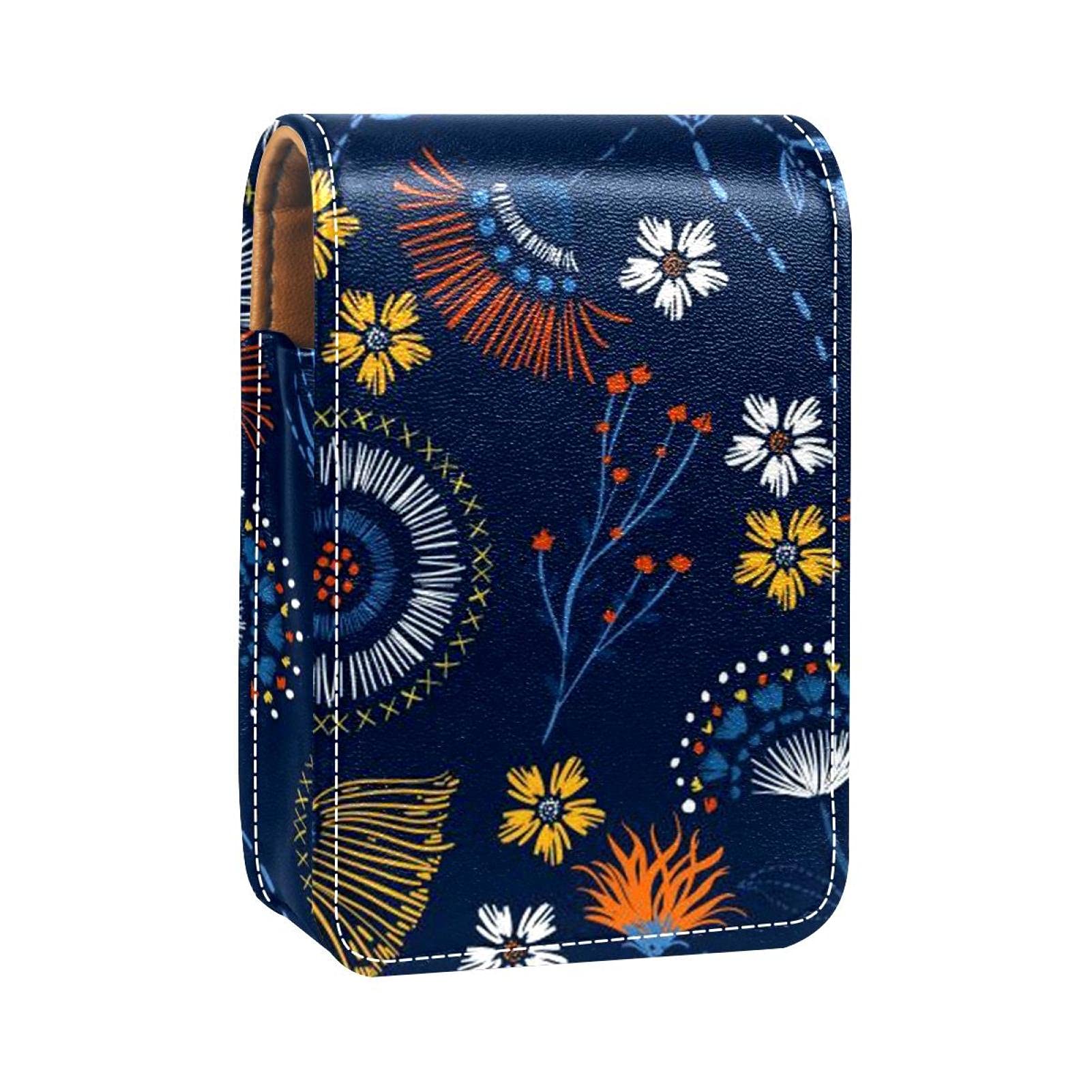 Floral Embroidery Lipstick Case with Mirror - Travel Cosmetic Pouch for Purse Organizer