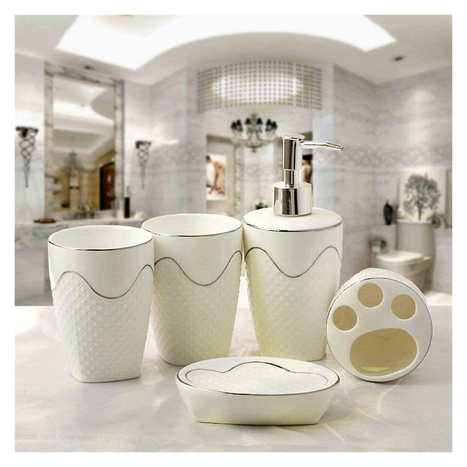 European Style 5-Piece Ceramic Bathroom Set - Soap Dispenser, Hand Sanitizer Dispenser, Toothbrush Holder, Soap Dish & Rinsing Cup with Embossed Design for Modern Bathroom Decor - Perfect for Home, Hotel, Spa and Guest Bathroom Accessories