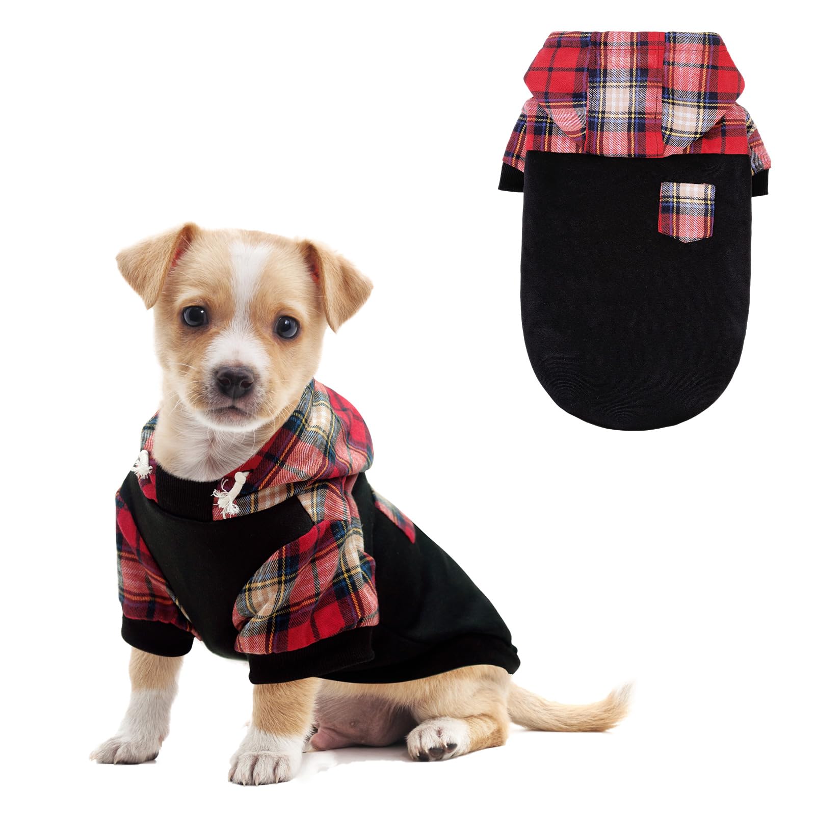Plaid Dog Hoodie for Small, Medium & Large Dogs - Warm Fleece Sweatshirt with Hat & Leash Hole | Soft Pullover Dog Sweater for Puppies, Bulldogs & All Breeds (XS, S, M, L) - Perfect for Winter Walks & Outdoor Adventures