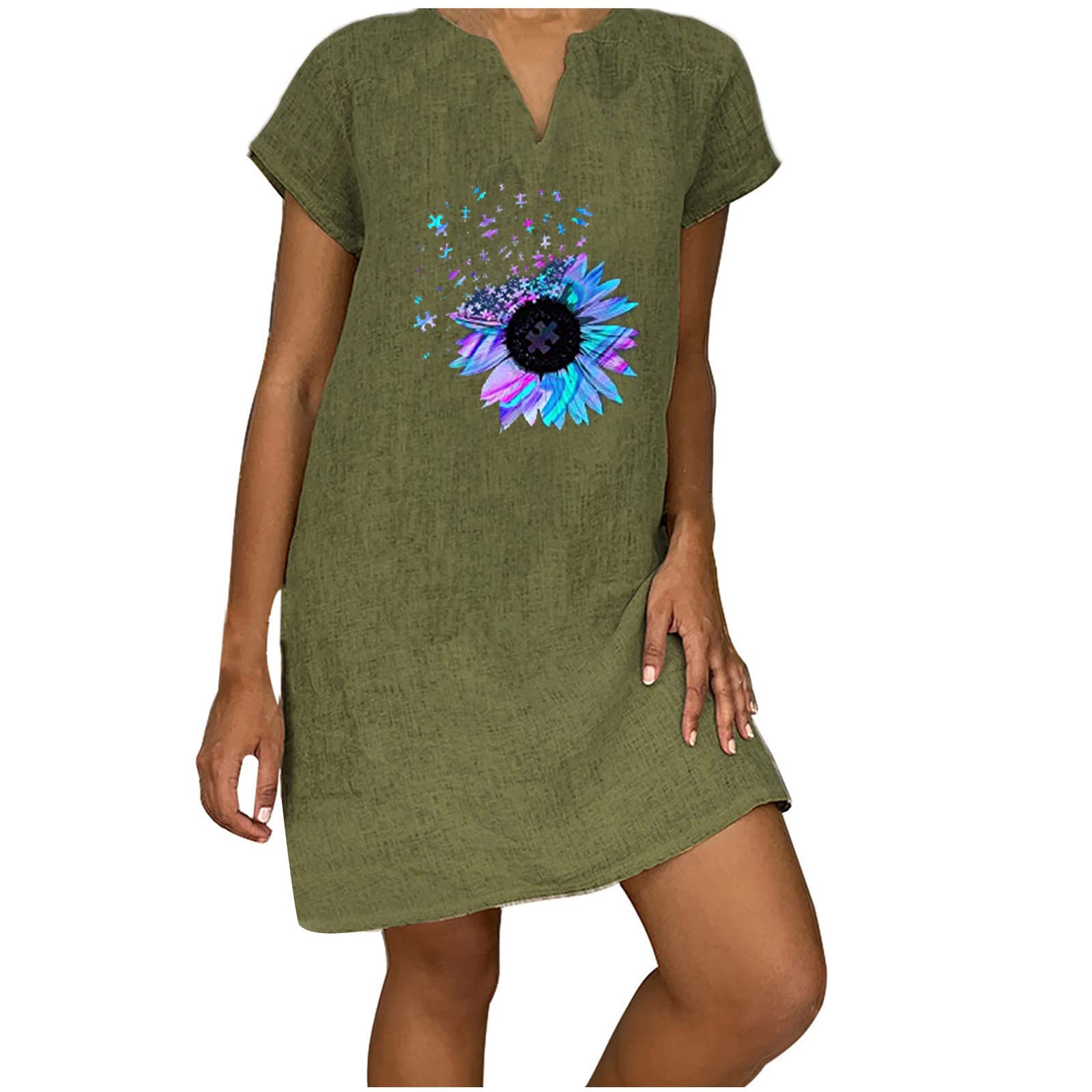 Maqroz Women's Summer Dresses 2023 - Cotton Linen Casual Printed Shift Dress with V-Neck & Short Sleeves - Plus Size Flowy Beach Dress for Vacation, Brunch & Outdoor Activities