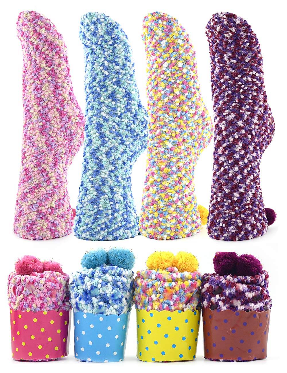 Cozy Women's Fuzzy Socks with Polka Dots - Non-Slip Slipper Socks for Winter Warmth, Cute Cupcake Pattern Gift Idea - Perfect for Lounge, Bedtime & Cold Weather Comfort
