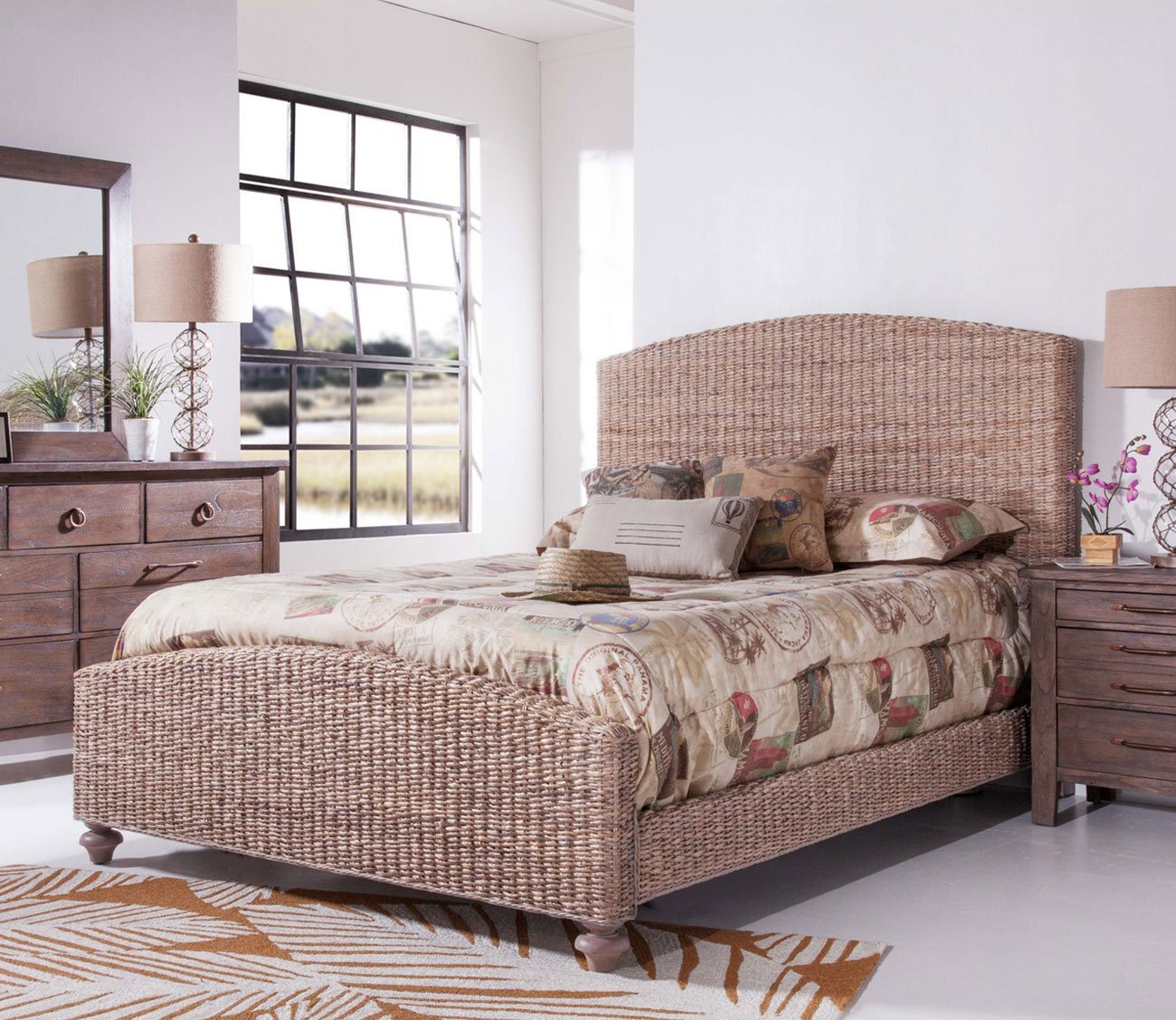 Palmetto Home Woven Banana Leaf Low Profile Bed Frame - Natural Rattan Platform Bed with Headboard - Eco-Friendly Boho Bedroom Furniture for Master Bedroom, Guest Room or Vacation Home