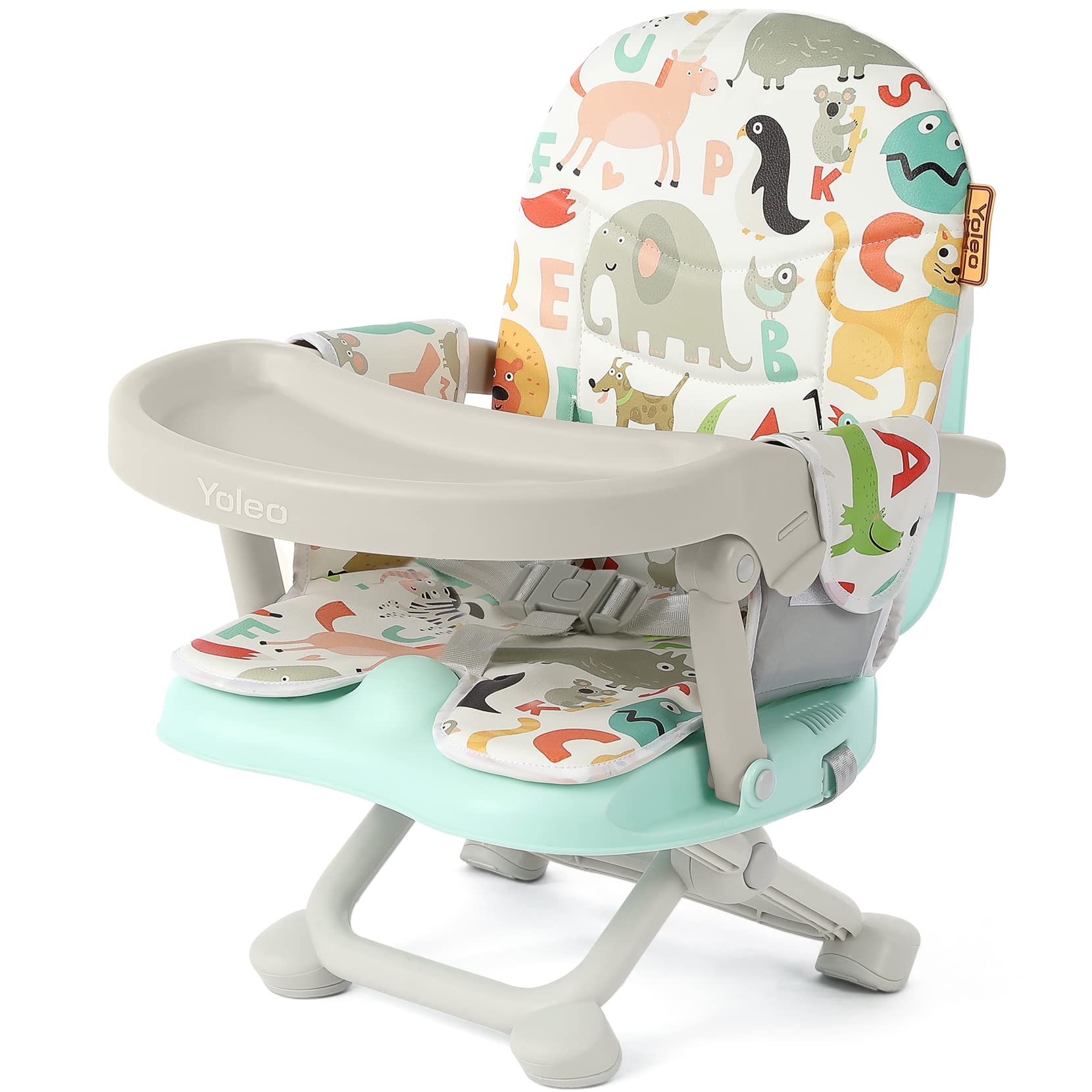 YOLEO Adjustable Baby Booster Seat with Removable Tray - Portable Foldable High Chair for Toddlers & Infants - Easy to Clean Travel Dining Seat for Home, Restaurant & Outdoor Use (Green)