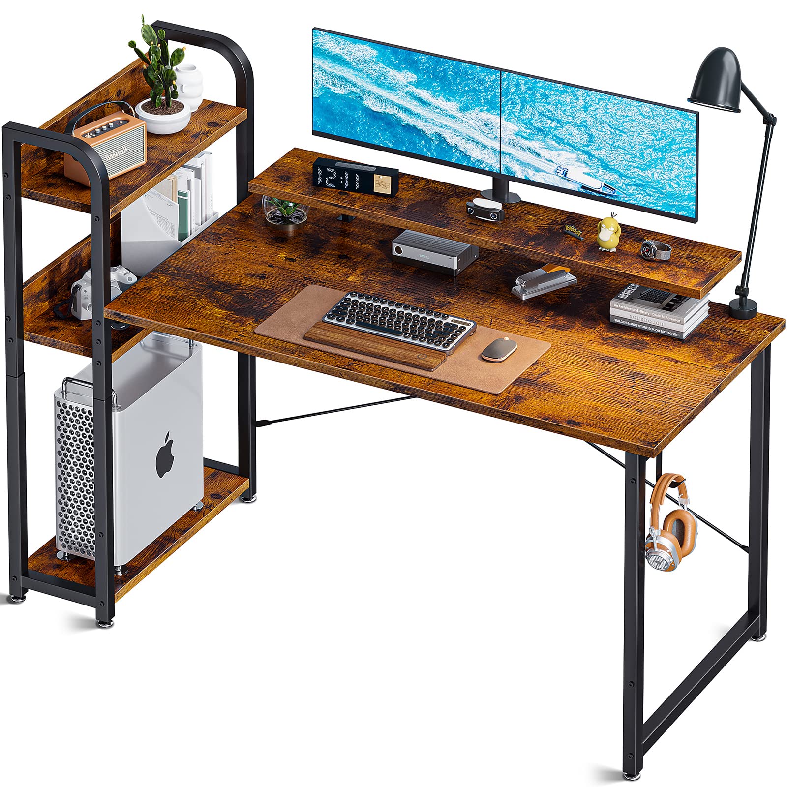 ODK 47 Inch Computer Desk with Storage Shelves & Monitor Stand - Rustic Brown Writing Desk with Bookshelf, Reversible Study Table for Home Office, Small Space Bedroom | Perfect for Remote Work, Online Classes & Gaming Setup
