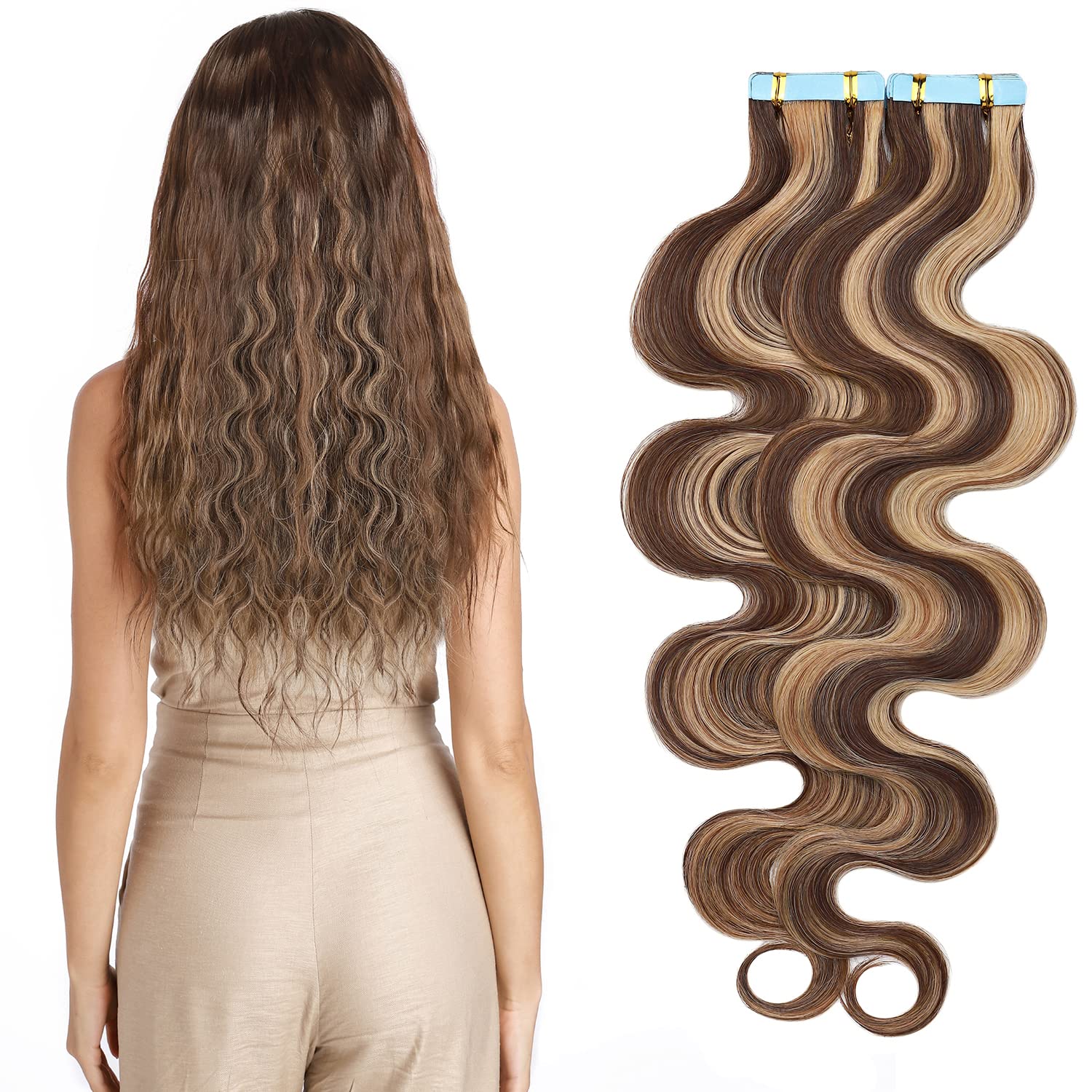 20 Inch Tape in Hair Extensions - Medium Brown & Dark Blonde Balayage Remy Human Hair (40pcs, 100g) | Wavy Human Hair Extensions for Women | #4/27W | Perfect for Daily Wear, Parties & Special Occasions