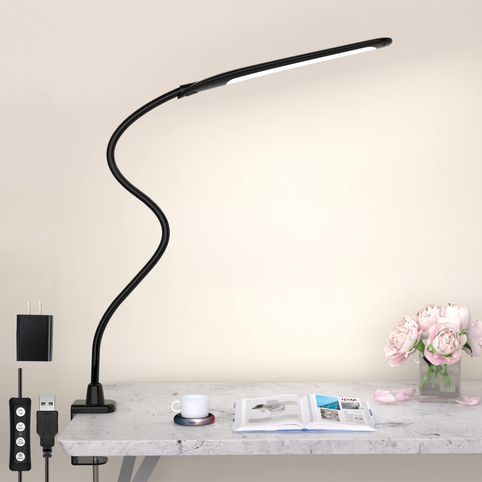 HAILOLY 9W USB LED Desk Lamp with Clamp - Adjustable Gooseneck Office Light, Dimmable Study Lamp with Switch Control - Perfect for Home Office, Reading, and Workspace Lighting (Black)