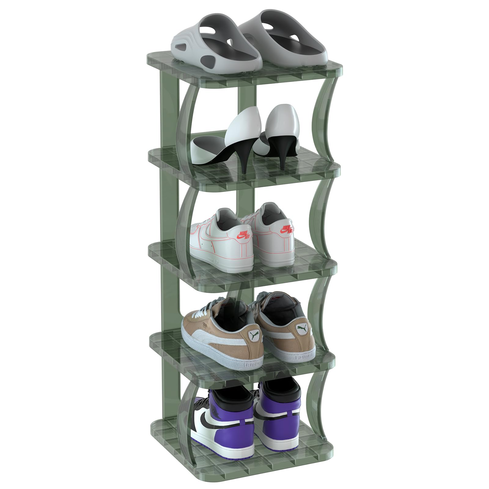 5-Tier Shoe Rack Organizer for Entryway & Closet - Space Saving Vertical Shoe Storage Stand for Small Spaces - Free Standing Plastic Shoe Holder with Cubby Design (Green) - Perfect for Apartments, Dorm Rooms & Tight Spaces