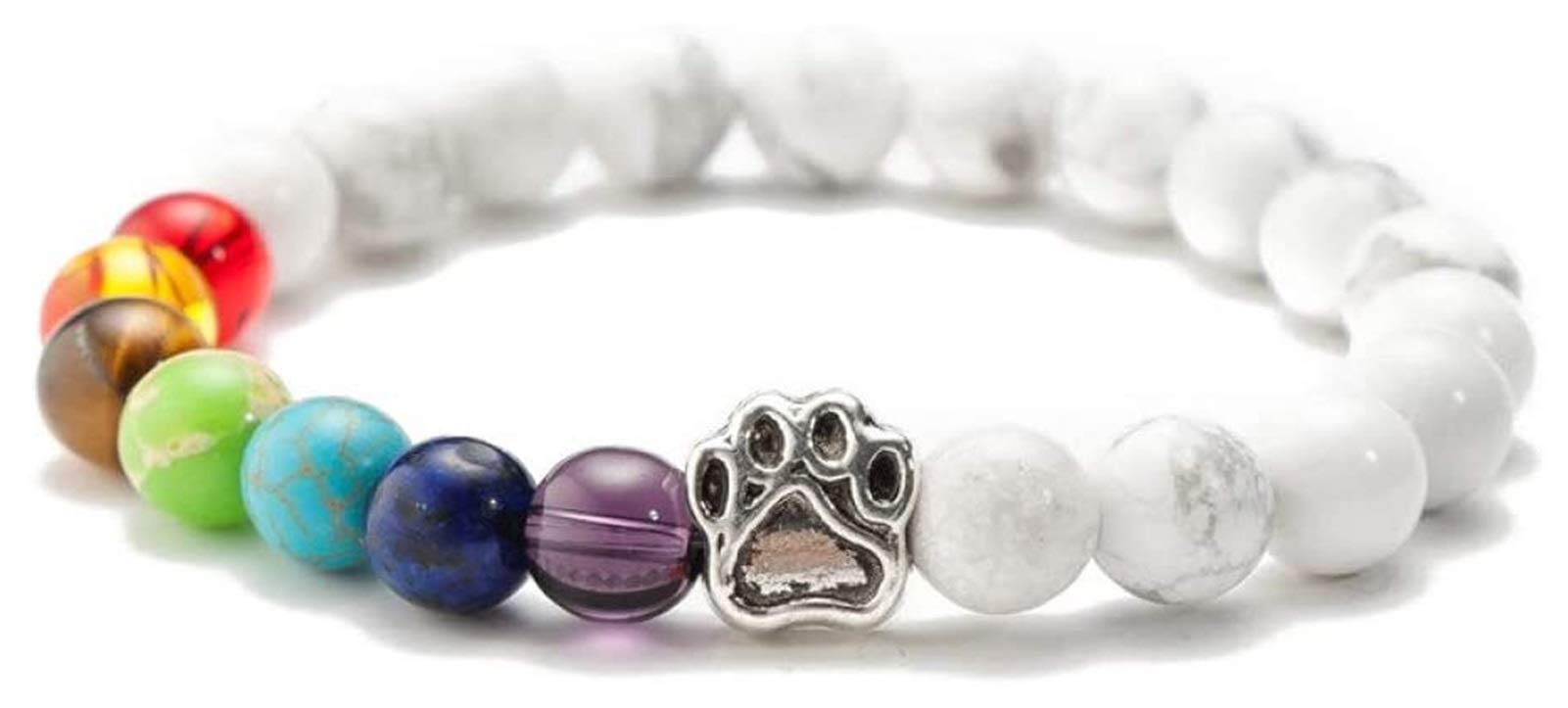 7 Chakra Natural Stone Bracelet for Women - Magnesite Beads Cat Paw Bangle, Yoga & Meditation Jewelry, Essential Oil Diffuser, Elastic White Bracelet - Perfect for Spiritual Healing, Energy Balance & Mindful Living
