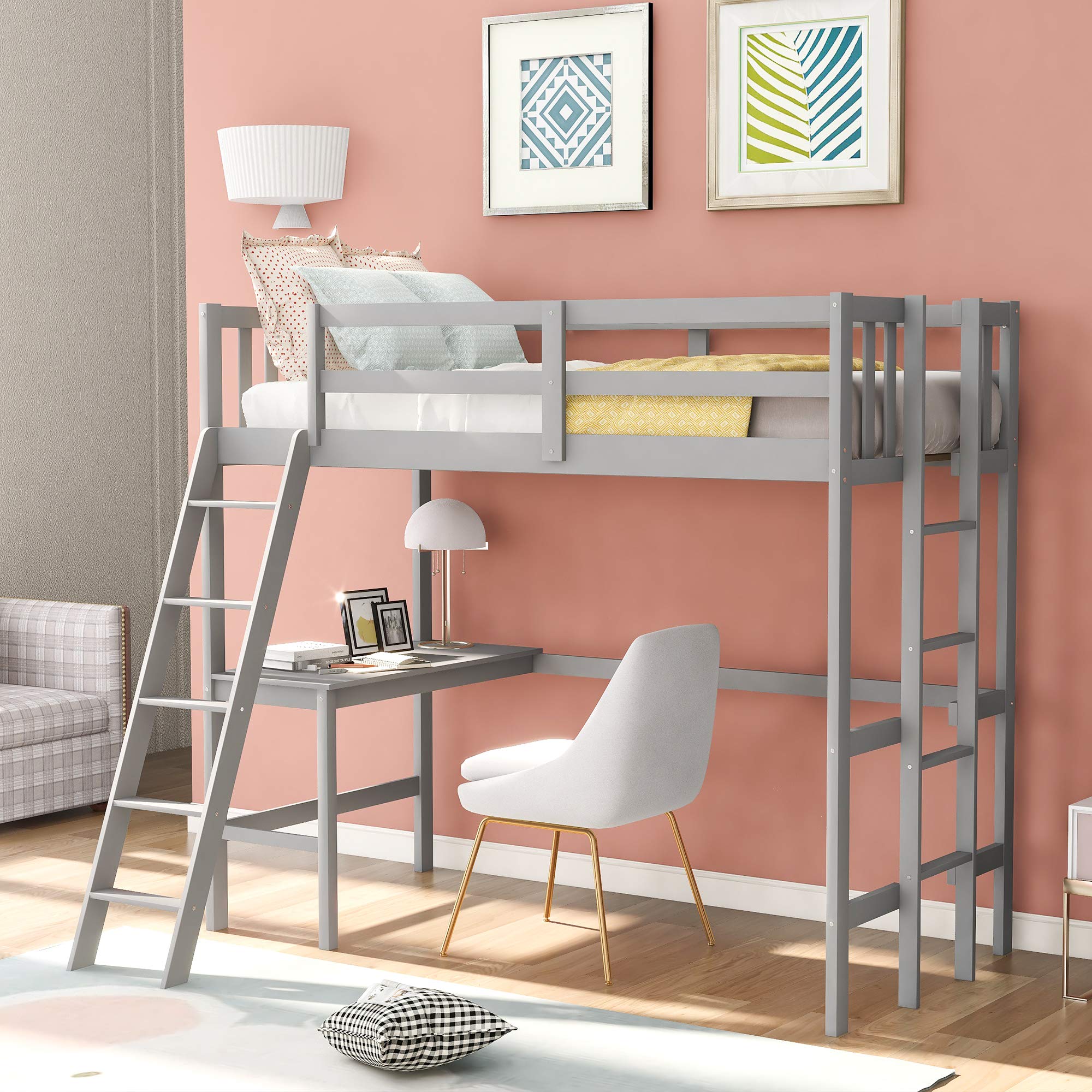 Twin Size Loft Bed with Study Desk - Solid Wood Bunk Bed with Safety Guard Rails & Dual Ladders | Space Saving Dorm Furniture for Small Bedrooms & Kids Rooms | Modern Minimalist Design (Gray Finish) - Perfect for College Dorms, Studio Apartments & Kids' Bedrooms