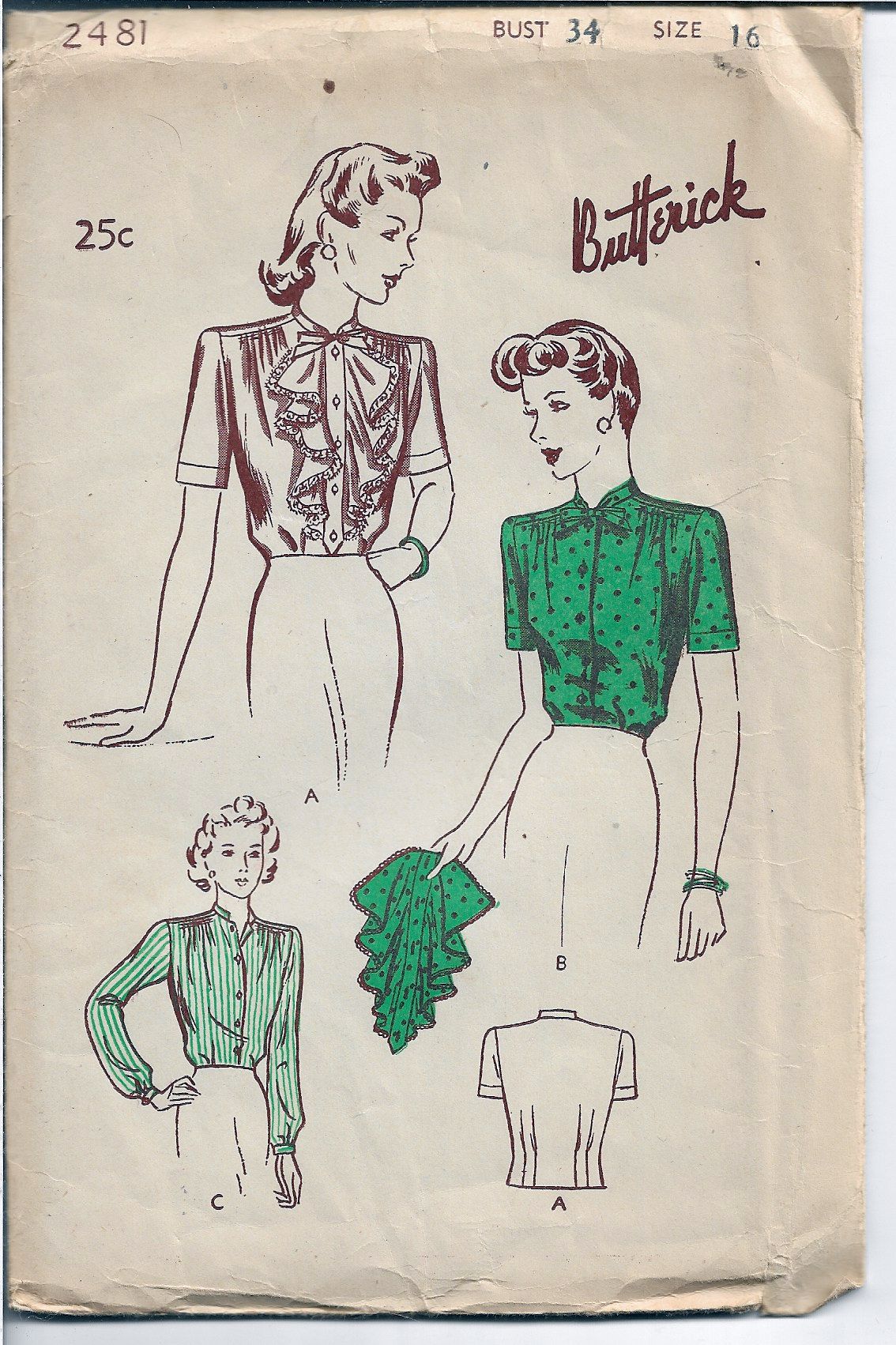 Vintage Butterick 2481 Ladies Frilly Jabot Blouse Sewing Pattern 1940s - Retro Fashion DIY Costume & Historical Reenactment Project