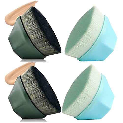 Premium Makeup Brush Set - 4pcs Flat Top Kabuki Foundation Brushes for Liquid & Powder (2 Green + 2 Blue) with Travel Case - Perfect for Professional Makeup Artists & Everyday Beauty Routine