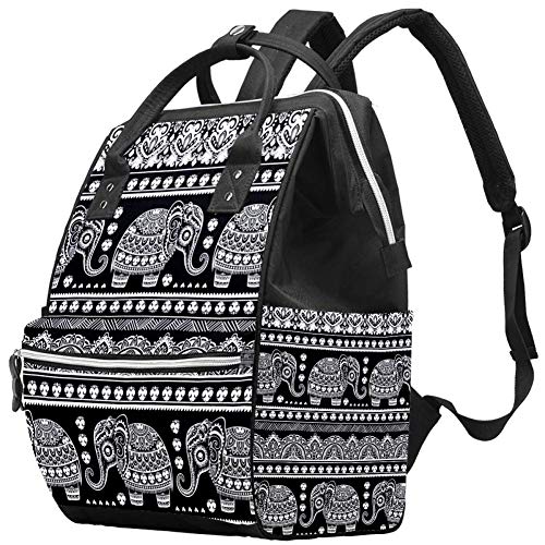 Vintage Indian Lotus Elephant Tribal Print Diaper Bag - Stylish Black & White Tote Backpack for Baby Care, Nursing & Travel | Perfect for Moms, Dads & Daycare Use