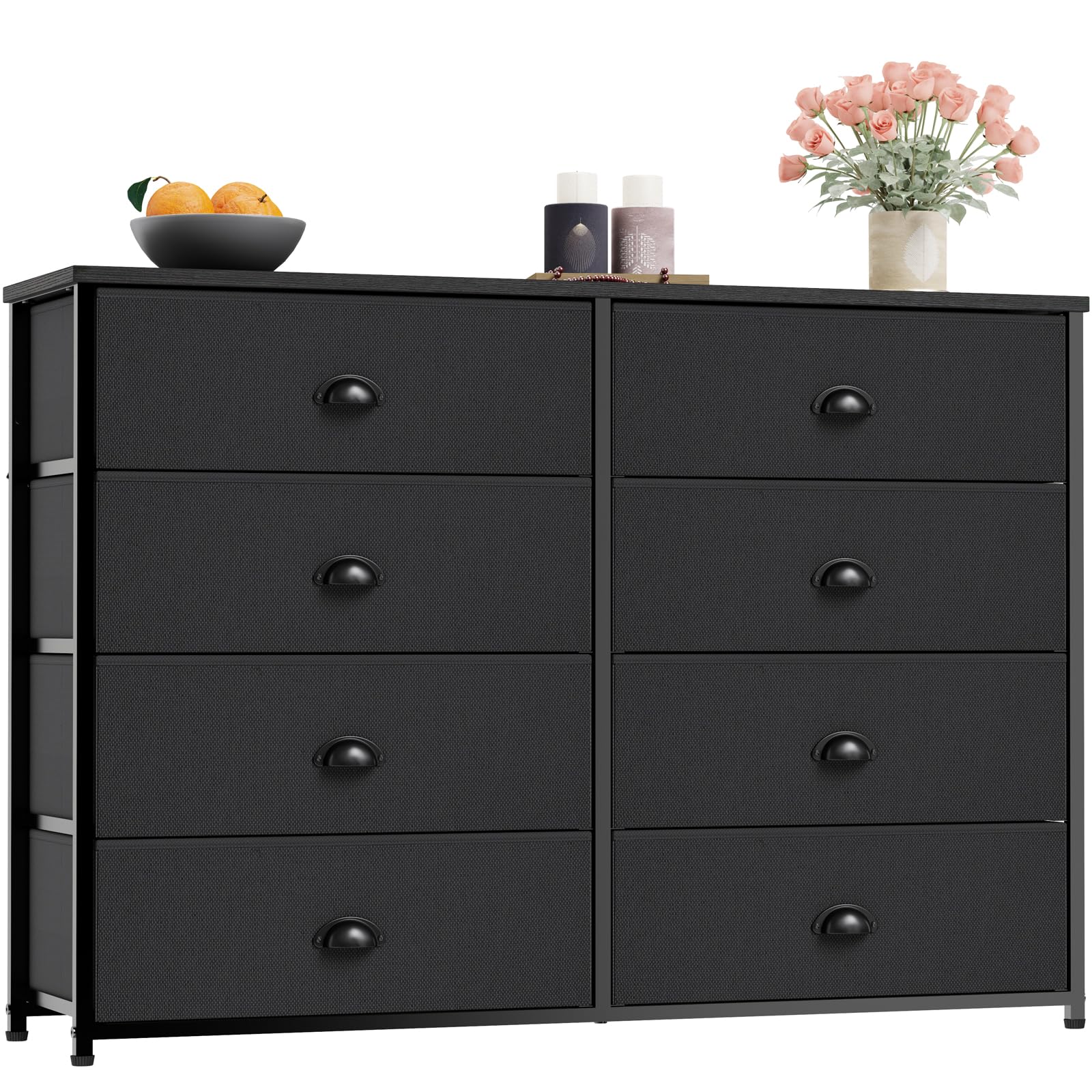 Furnulem 8-Drawer Fabric Dresser - Wide TV Stand Console Table for 50-Inch TVs, Bedroom Storage Organizer with Sturdy Metal Frame & Wood Top (Black) - Perfect for Living Room, Office, Dorm, Closet & Hallway Organization