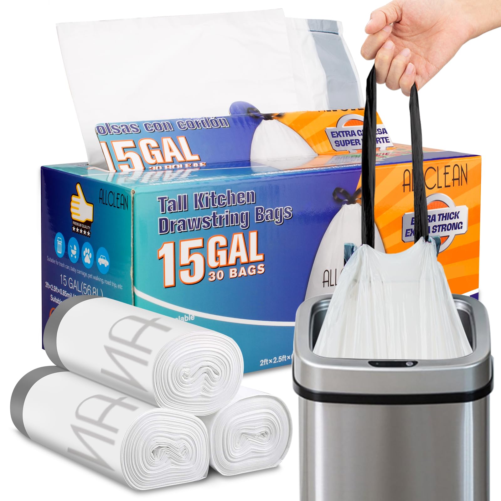 **15 Gallon Tall Kitchen Trash Bags with Drawstring - Heavy Duty, Recyclable & Unscented Garbage Bags for Indoor & Outdoor Use - Perfect for Home, Office, and Camping**