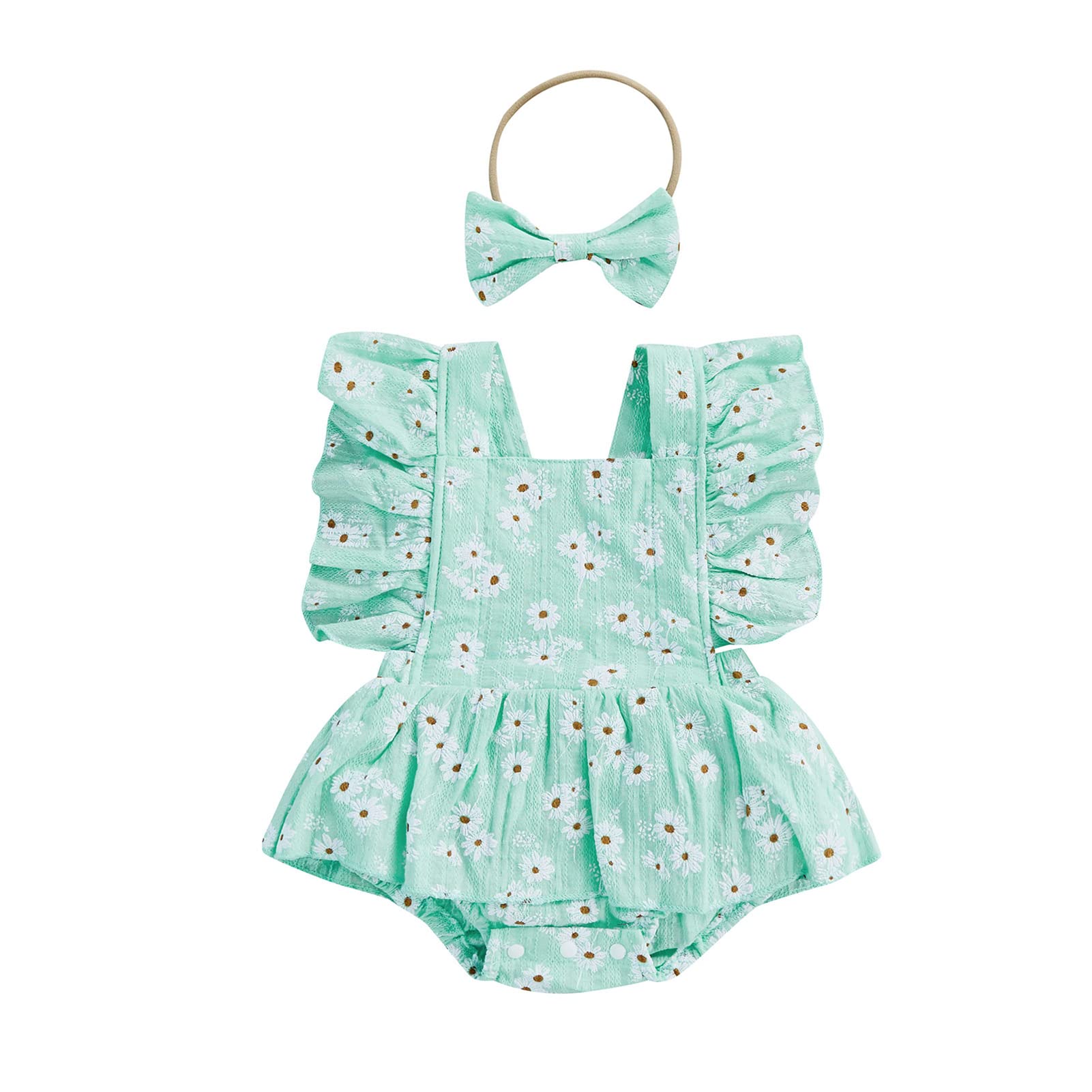 **Newborn Baby Girl Clothes - Daisy Print Romper Dress with Flutter Sleeves, One-Piece Jumpsuit & Headband Set - Summer Outfit for Photoshoots, Parties & Casual Wear**