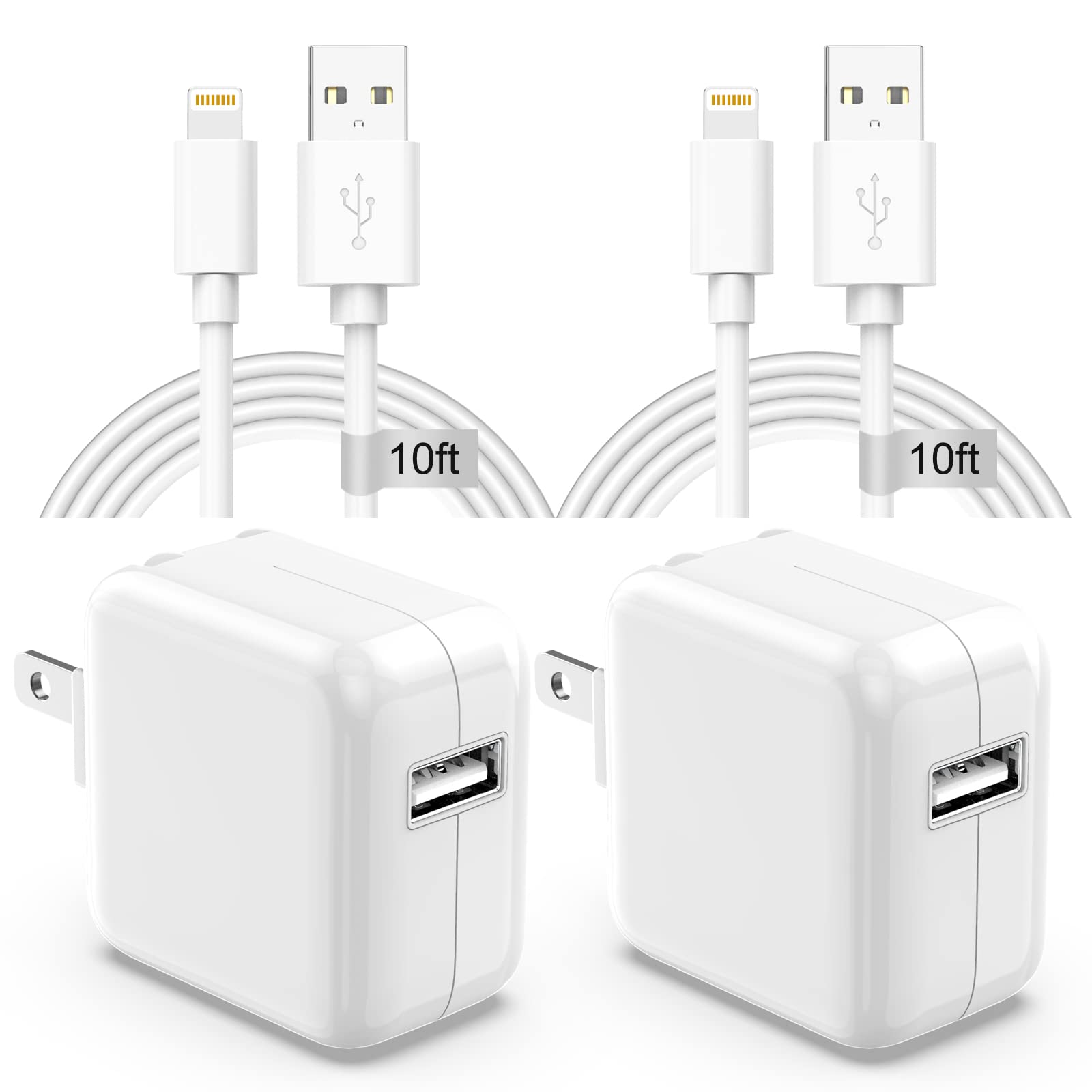 Apple Certified 12W Fast Charger & 10ft Lightning Cable 2-Pack - Compatible with iPad 7th/8th/9th Gen, iPad Air, iPad Mini & iPhone - Perfect for Home, Office & Travel Charging