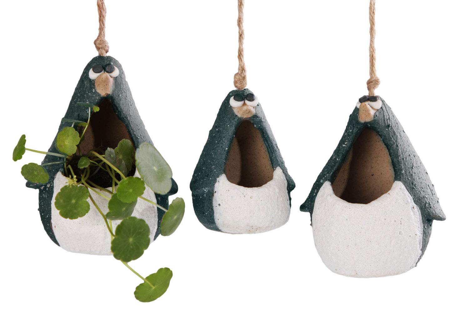 VanEnjoy Cute Cartoon Ceramic Hanging Succulent Planters - Animal Family Penguin Set of 3, Matte Pottery Bonsai Cactus Flower Pots, Air Plant Vase Holder for Indoor & Outdoor Home Garden Decor - Perfect for Windowsill, Balcony, Office Desk and Gift Giving