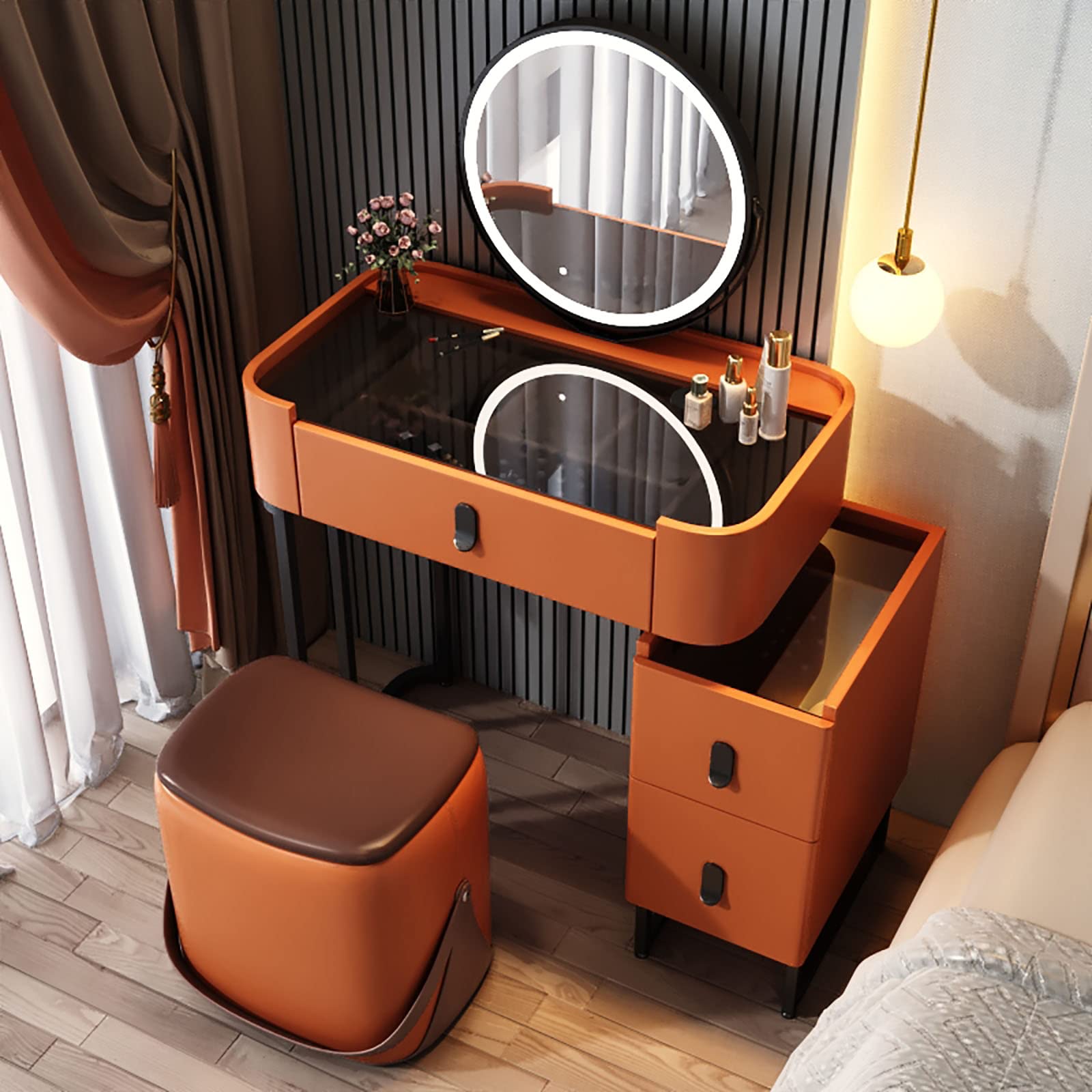 EVILO Dressing Table with LED Lights & Storage - Modern Makeup Vanity Set with Glass Top & Stool - Orange Bedroom Vanity for Women - Perfect for Makeup, Skincare & Jewelry Organization