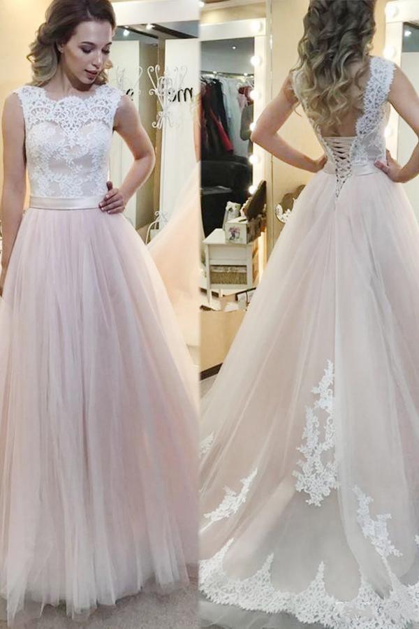 Elegant A-Line Tulle Sweep Train Wedding Dress with Lace Applique - Perfect for Bridal Gowns, Formal Occasions & Romantic Weddings - WD180
