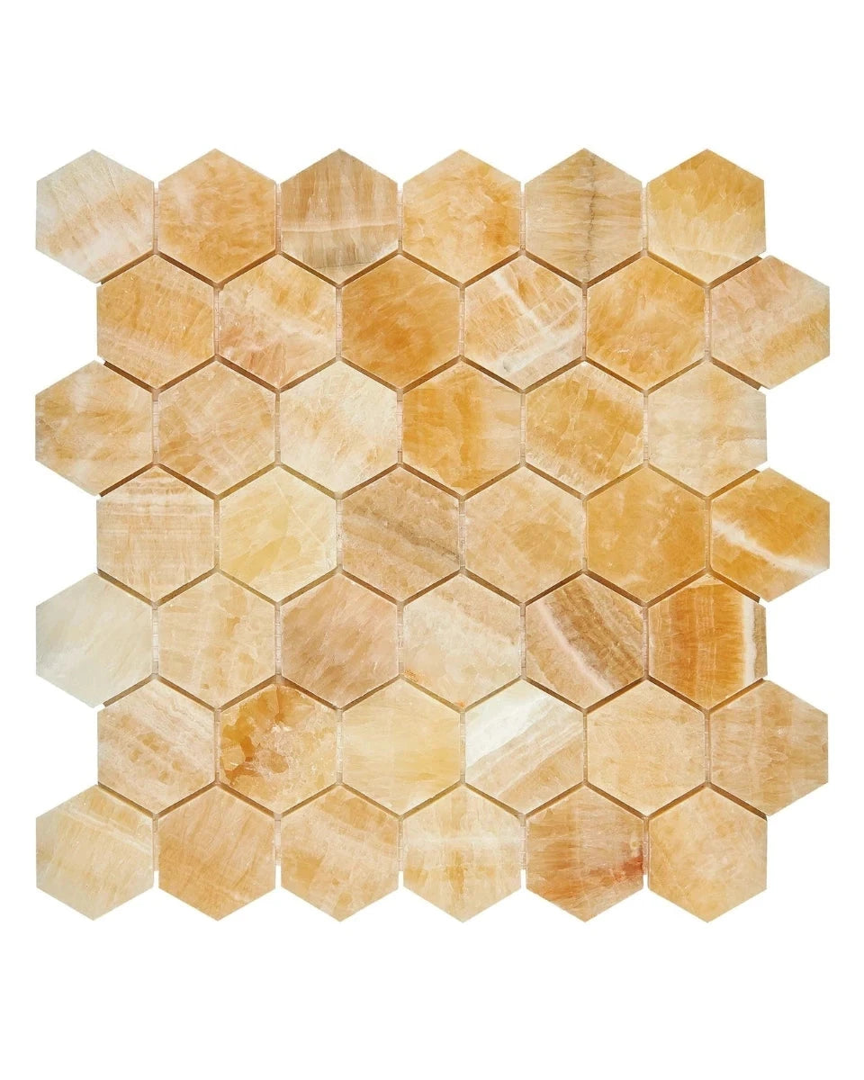 Premium Honey Onyx Stone 2-Inch Hexagon Mosaic Tile - Polished Natural Stone for Kitchen Backsplash, Bathroom Wall & Floor Decor