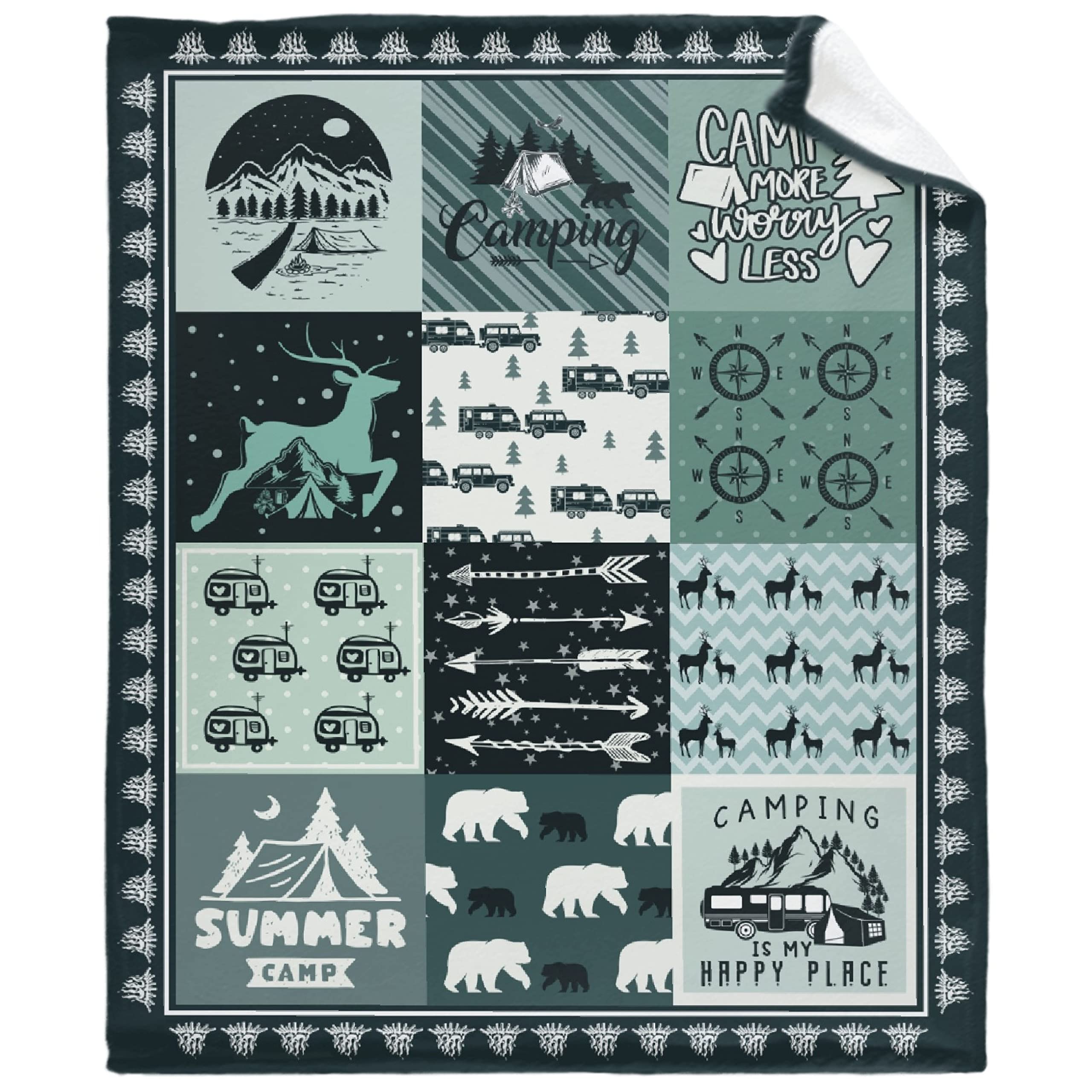 Khumbhira Happy Camping Blanket - Extra Large 120x90 Inch Plush Flannel Fleece Throw - Soft Lightweight Quilt for Camping, Travel, Bed, Couch & Chair - Perfect Gift for Boys & Girls - Ideal for Outdoor Adventures, Picnics & Cozy Home Decor
