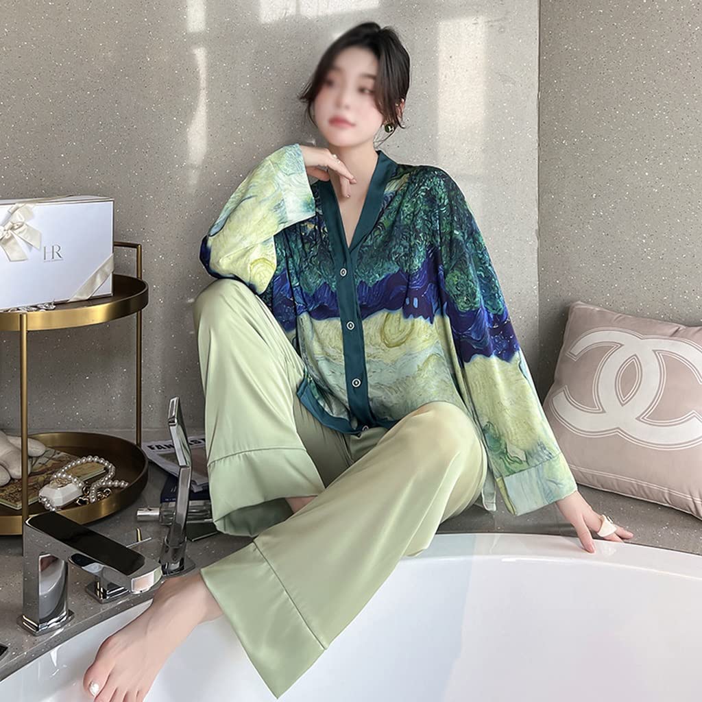 Premium Ice Silk Pajama Set for Women - Soft Long Sleeve Cardigan & Pants - Floral Print Sleepwear (Large, Color E) - Perfect for Spring/Autumn Nights, Lounging & Relaxing at Home