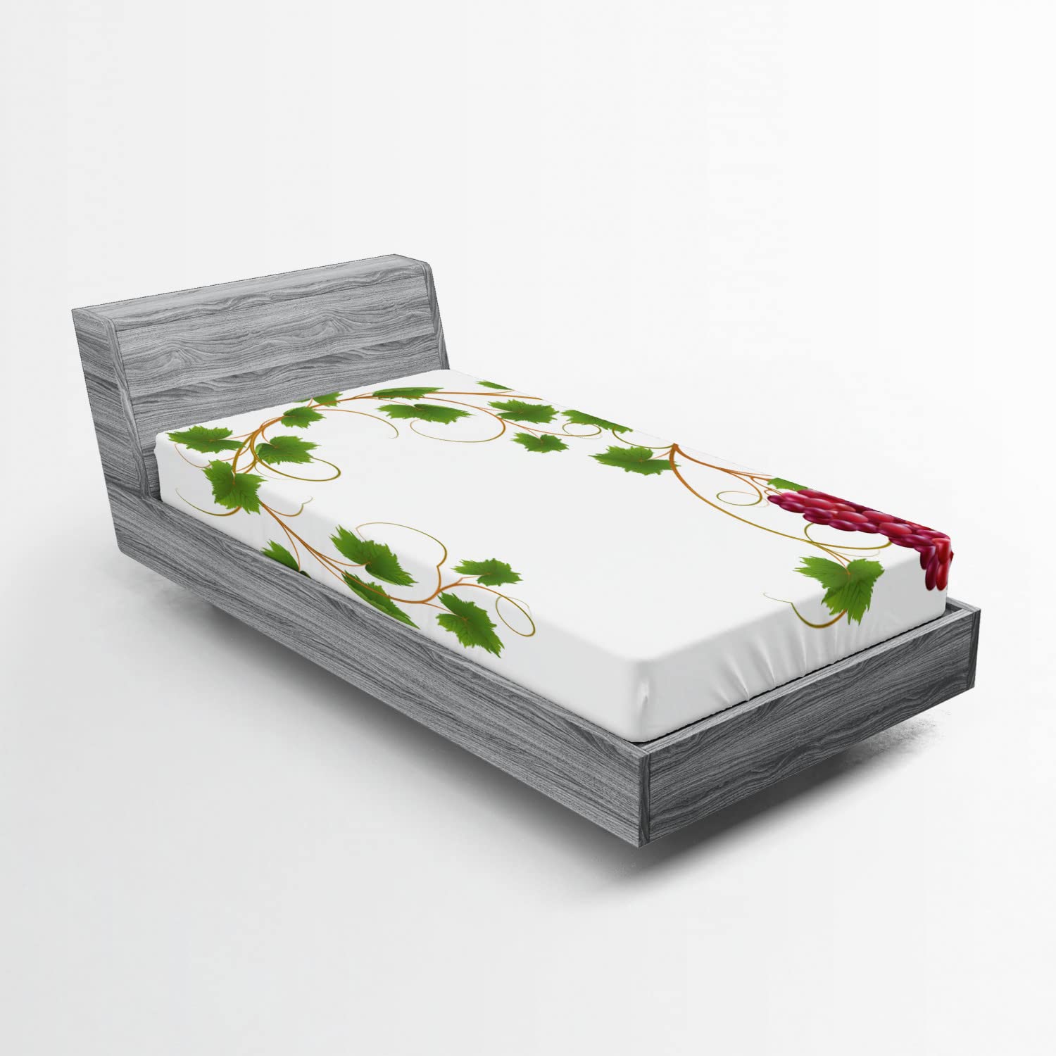Ambesonne Vineyard Fitted Sheet - Curved Ivy Branch Cabernet Wine Theme Print, Deep Pocket Elastic Twin Size Bed Cover in Green & Purple | Perfect for Guest Rooms, Vineyard Weddings & Wine-Themed Bedrooms