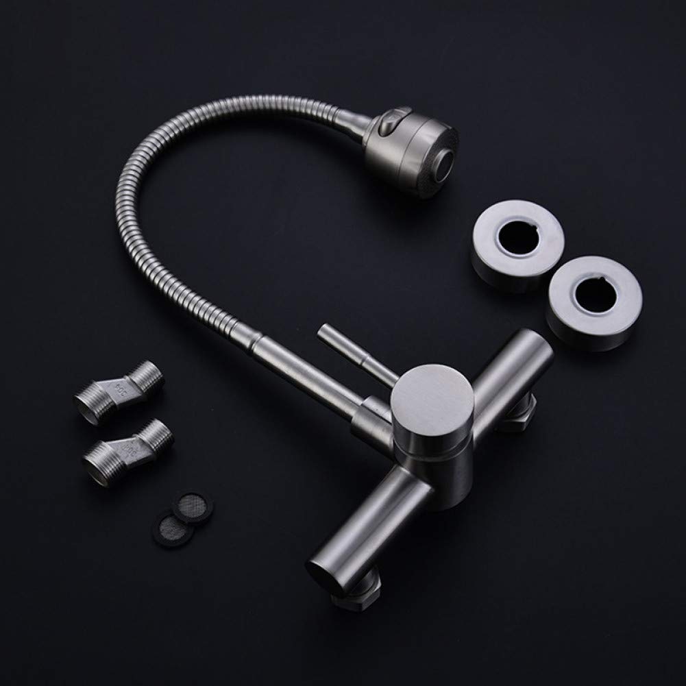 Stainless Steel Wall Mounted Kitchen Sink Faucet - Dual Hole Single Handle Hot & Cold Water Mixer Tap, Brushed Finish for Modern Kitchens and Small Spaces