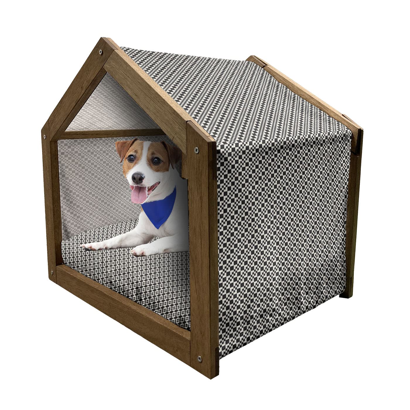 Lunarable Geometric Wooden Pet House - Modern Diagonal Rhombus Pattern Indoor/Outdoor Portable Dog Kennel with Pillow & Cover (Small, Eggshell Charcoal Grey) - Perfect for Home, Yard, and Travel Use