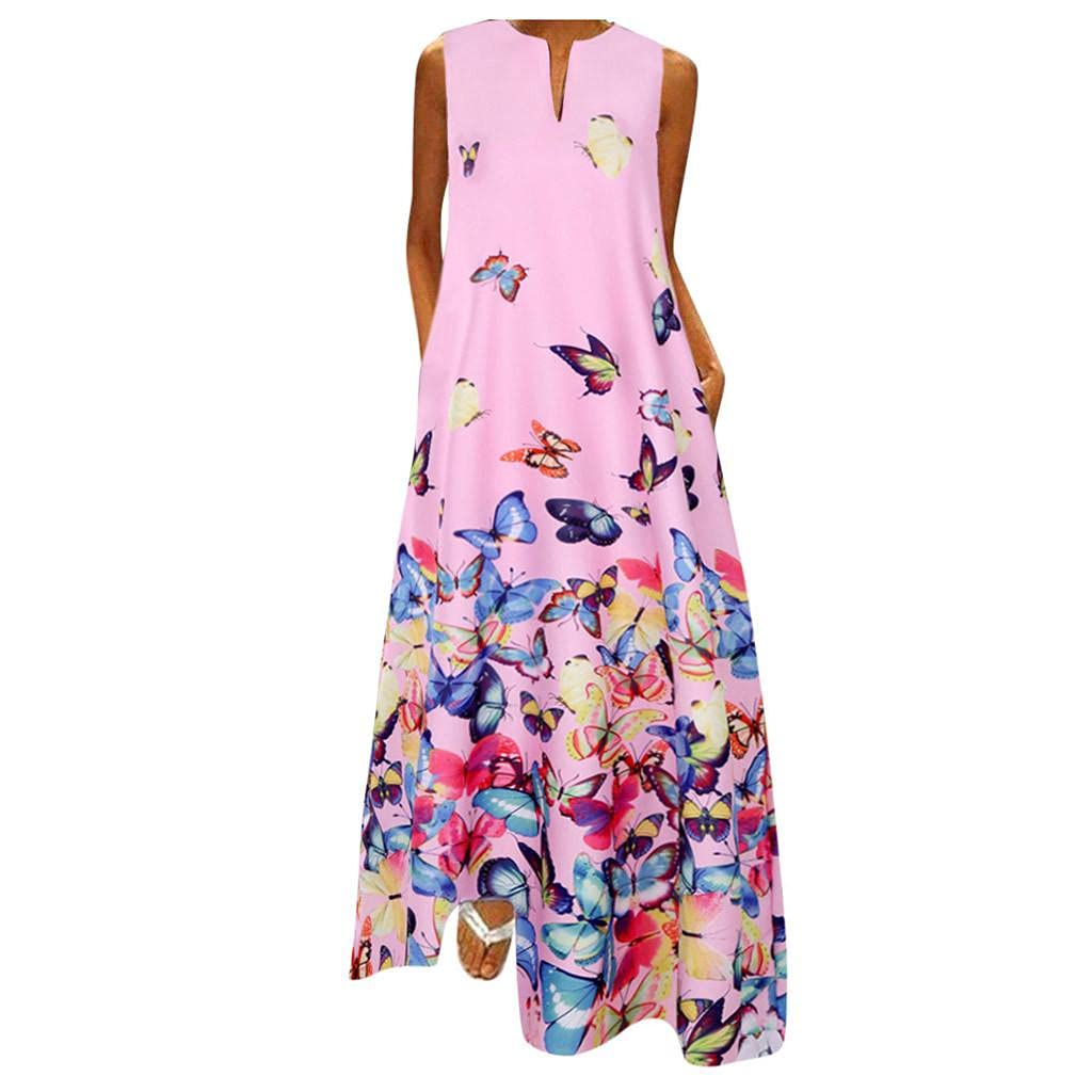 FABIURT Women's Long Maxi Dress - Petite Casual Summer & Fall Sleeveless Swing Dress with Pockets | Comfortable Beach Sundress, Cover Up for Vacation, Pool Party, and Outdoor Activities in Pink