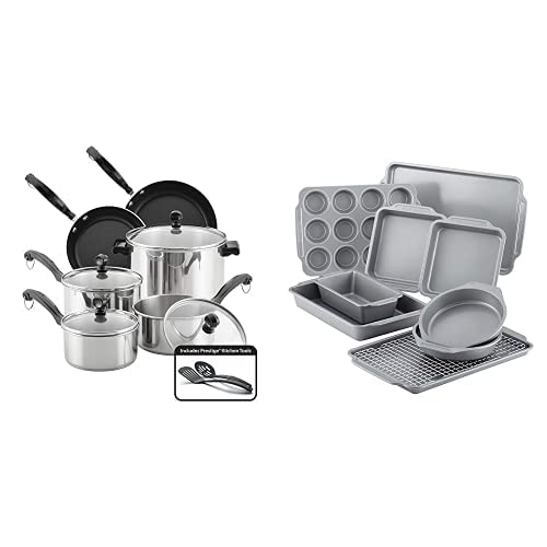 Farberware 15-Piece Stainless Steel Cookware Set with 10-Piece Nonstick Bakeware Set - Complete Kitchen Cookware & Baking Set for Home Cooking, Baking, and Entertaining
