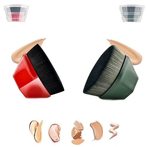 Flat Top Kabuki Makeup Brush Set (2 Pack - Green & Red) - Soft Bristle Foundation Brush with Cap for Flawless Liquid & Powder Application - Perfect for Daily Makeup & Professional Use