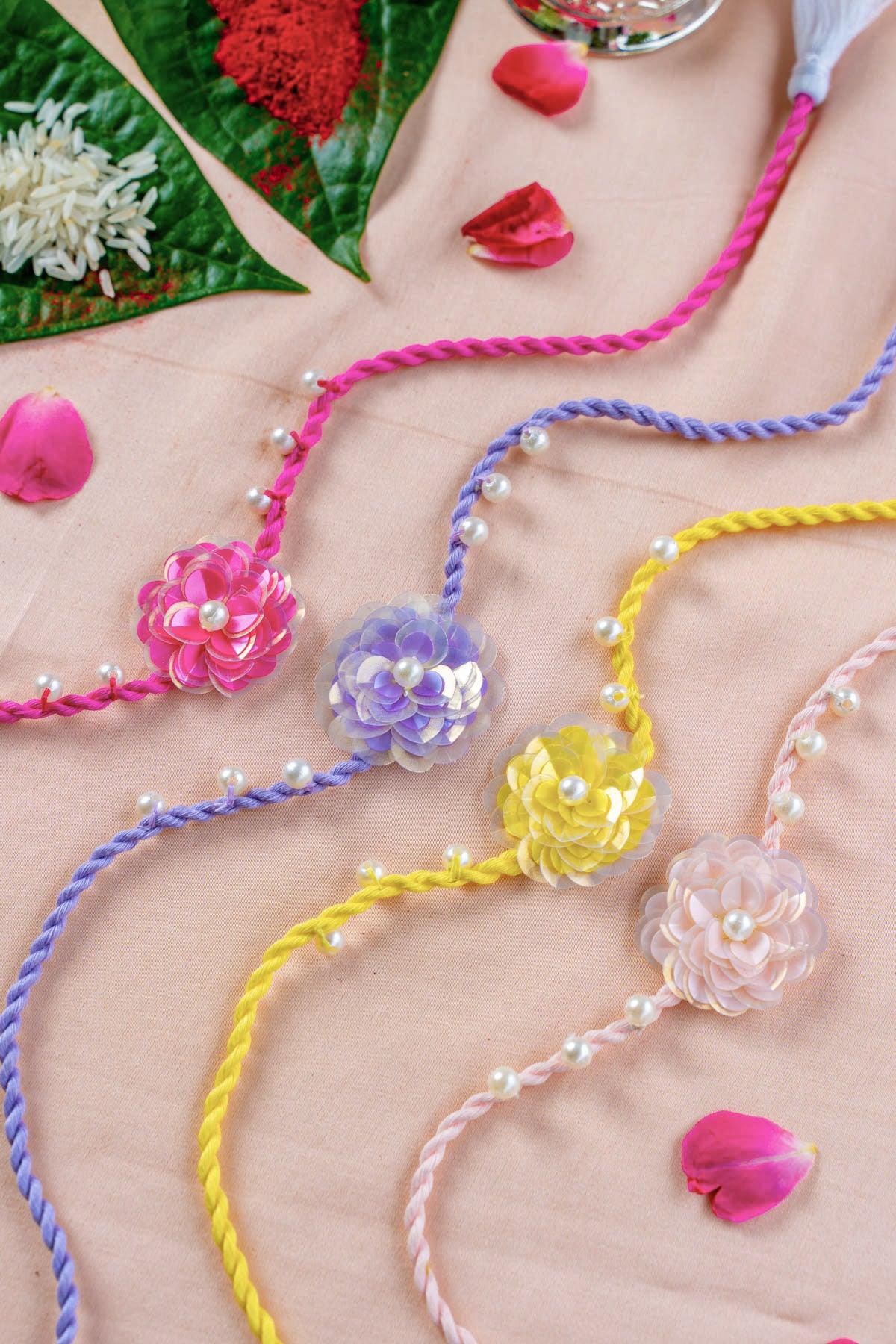 Blossom Flower Embroidered Rakhi Set of 4 - Traditional Indian Bracelets for Raksha Bandhan Festival - Perfect for Sibling Bonding & Cultural Celebrations