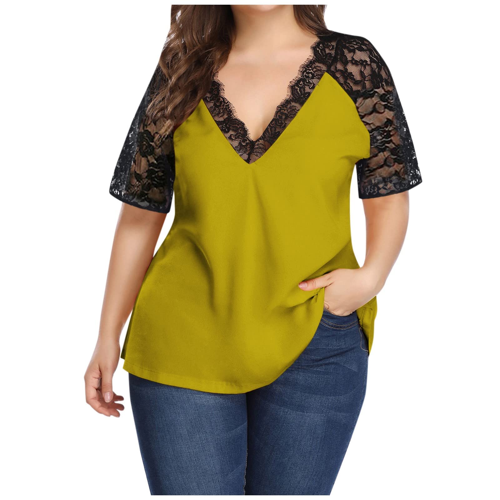 Sexy V-Neck Lace Short Sleeve Tops for Women - Plus Size Elegant Tee for Casual & Dressy Occasions