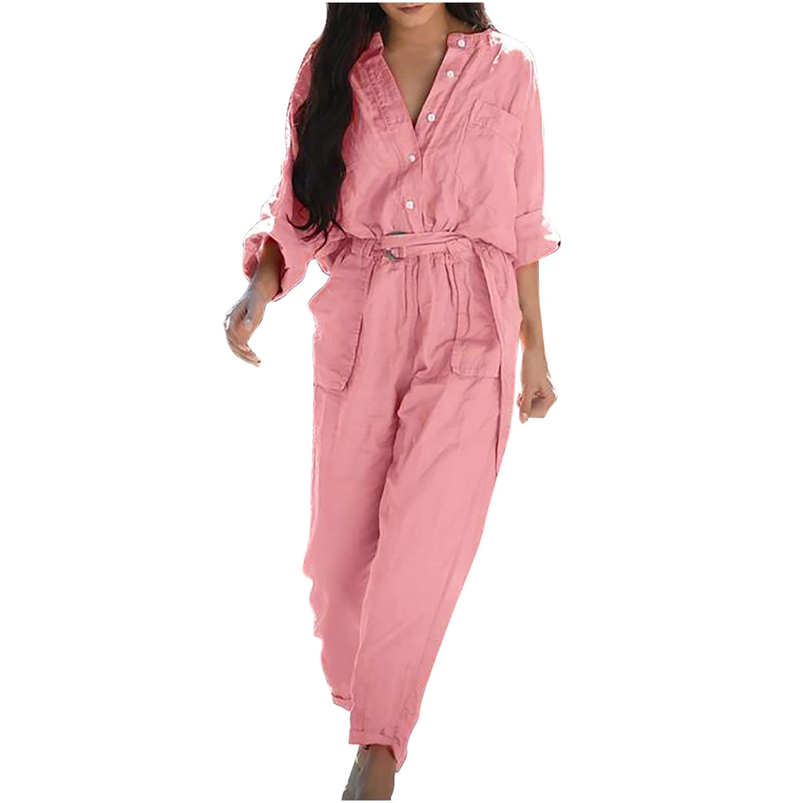 Women's Linen Dungarees - Loose Fit V-Neck Jumpsuit with Long Sleeves & Belt | Solid Color Cargo Bib Overalls | Boho Romper for Spring, Summer, Autumn | Perfect for Holiday, Beach & Casual Wear