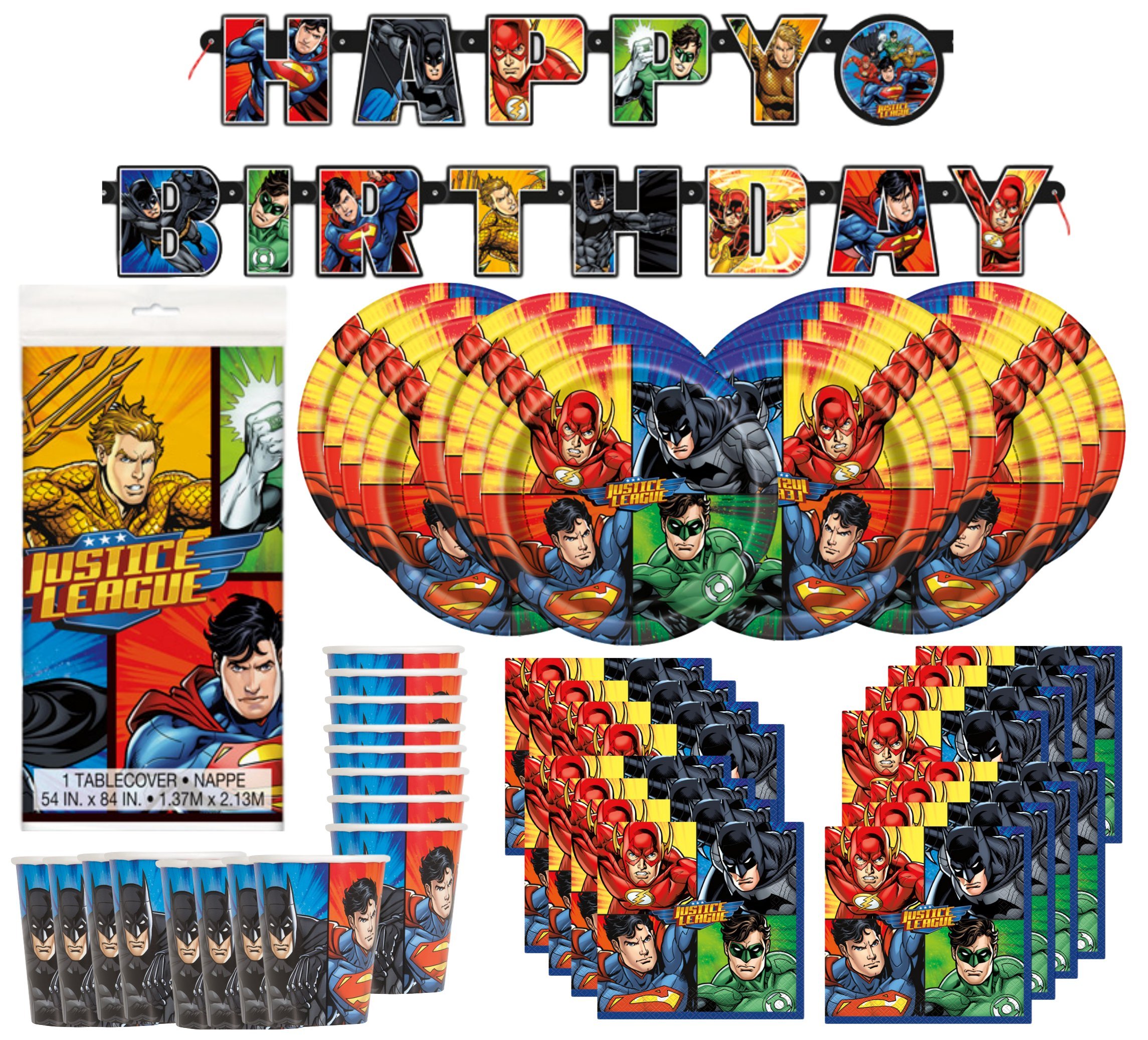 DC Comics Justice League Superhero Birthday Party Supplies Kit - 16-Piece Set with Plates, Cups, Napkins, Banner & Table Cover for Kids' Birthday Celebrations, Themed Parties & Superhero Events
