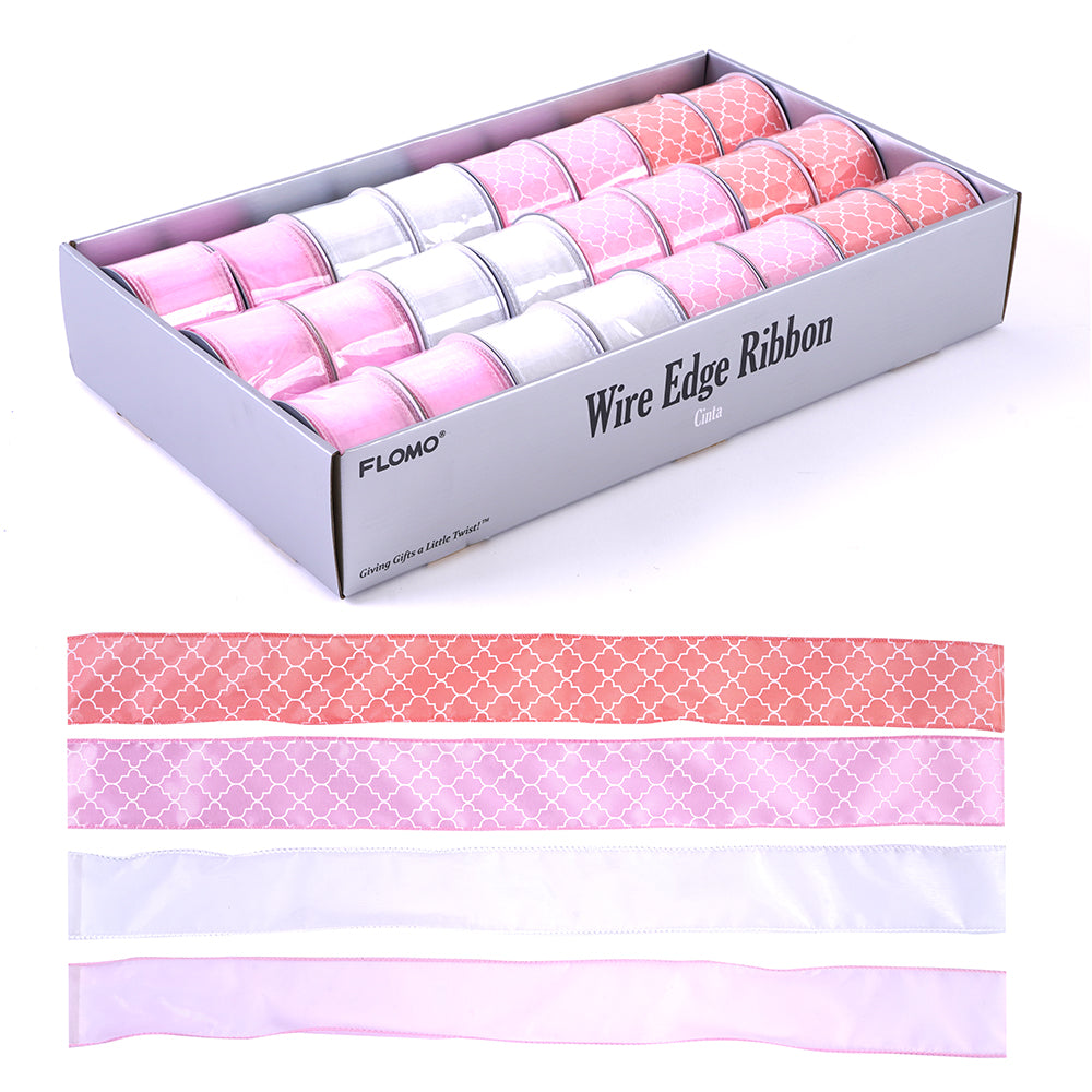 2 X 3 Yards Geometric Print Satin & Solid Organza Wire Edge Ribbon - 2 Prints & 2 Solids - Perfect for Gift Wrapping, Wedding Decorations, and DIY Crafts