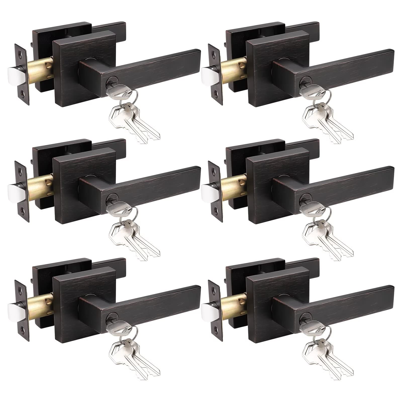 6 Pack Knobelite Keyed Alike Door Lever Lockset - Oil Rubbed Bronze Front Door Handle with Locking Mechanism (Same Key for All) - Perfect for Home Entry, Office Security & Commercial Buildings