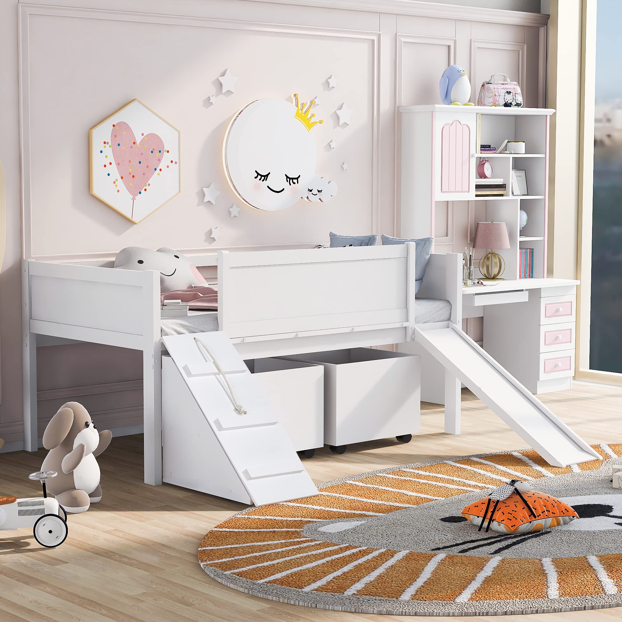 Twin Size Low Loft Wooden Bed with Slide, Chalkboard, Storage & Climbing Accessories - Kids & Teens Bedroom Furniture (White) | Perfect for Small Spaces, Playrooms & Multi-Functional Bedrooms
