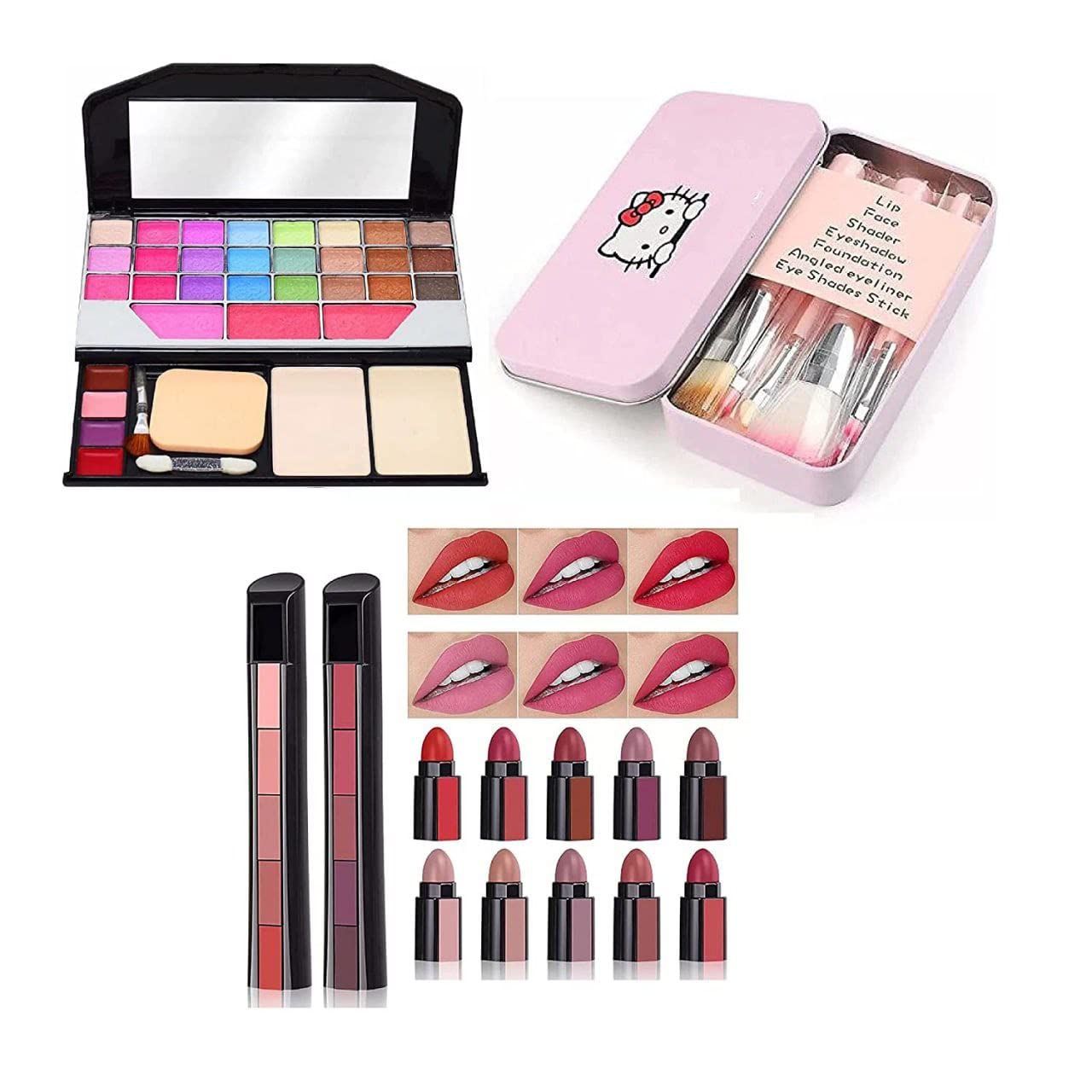 ZOOMIQUE TYA 6155 Professional 7-Piece Pink Makeup Brush Set with 2 Matte Lipsticks (5 Shades - Red & Nude) - Complete Makeup Kit for Eyeshadow, Foundation & Lips - Perfect for Daily Use, Parties & Photo Shoots (10-Pack)