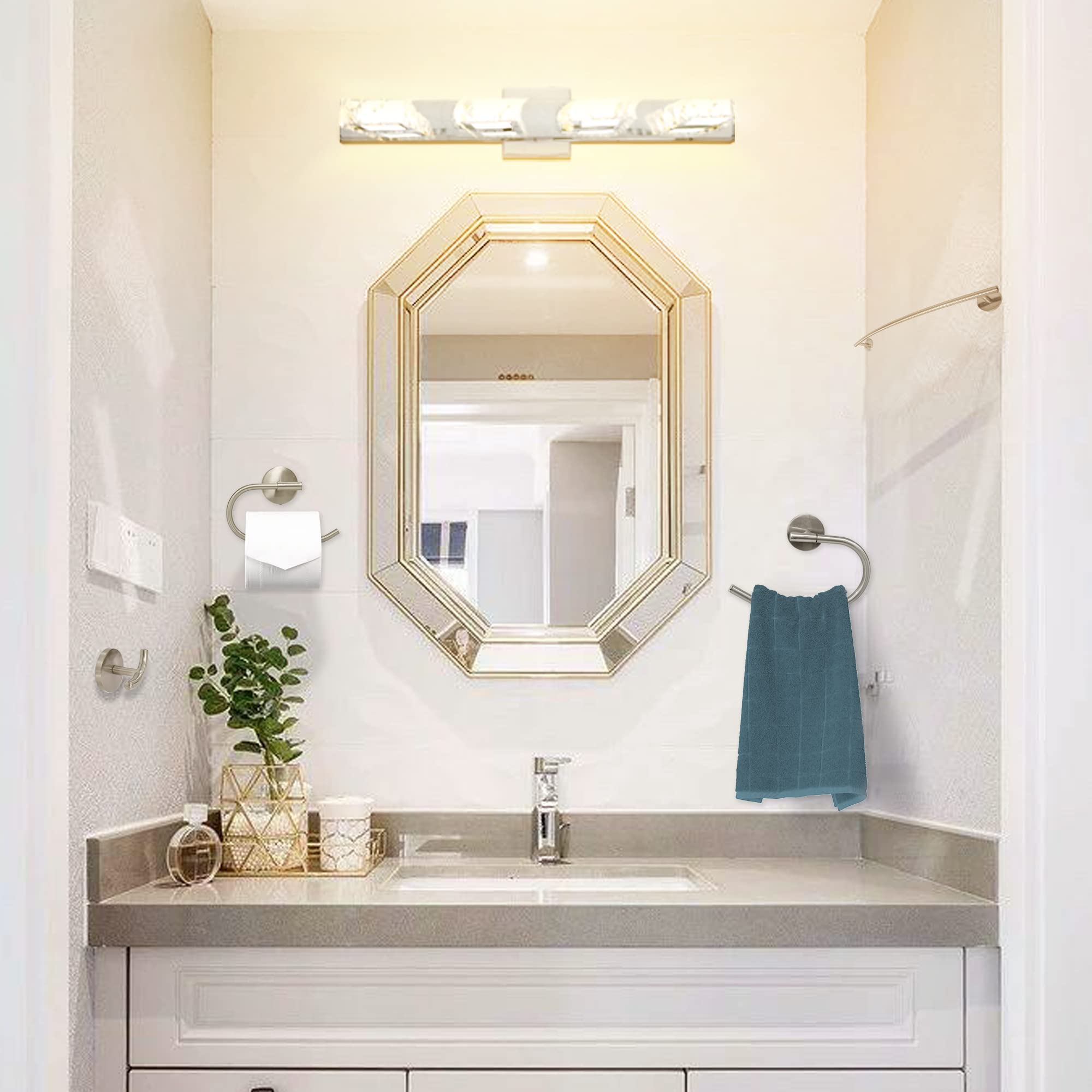 24 Inch Crystal LED Vanity Light Fixture with 4-Piece Hardware Towel Bar Set - Modern Bathroom Lighting & Accessories for Spa-Like Luxury (Perfect for Master Bath, Powder Room & Guest Bath Decor)