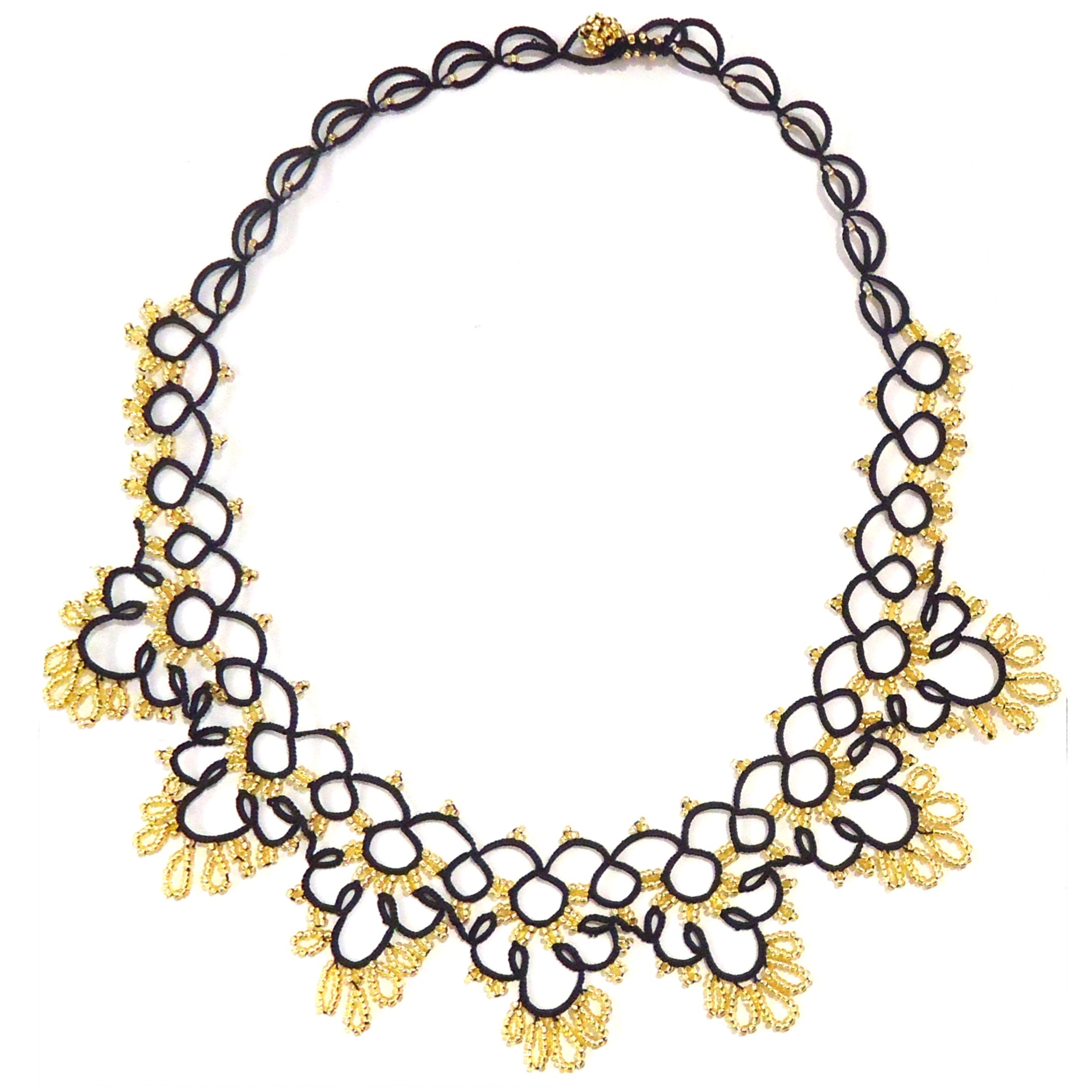 Elegant Black & Gold Silk Crochet Seed Bead Necklace for Women - Perfect for Evening Parties, Weddings & Special Occasions