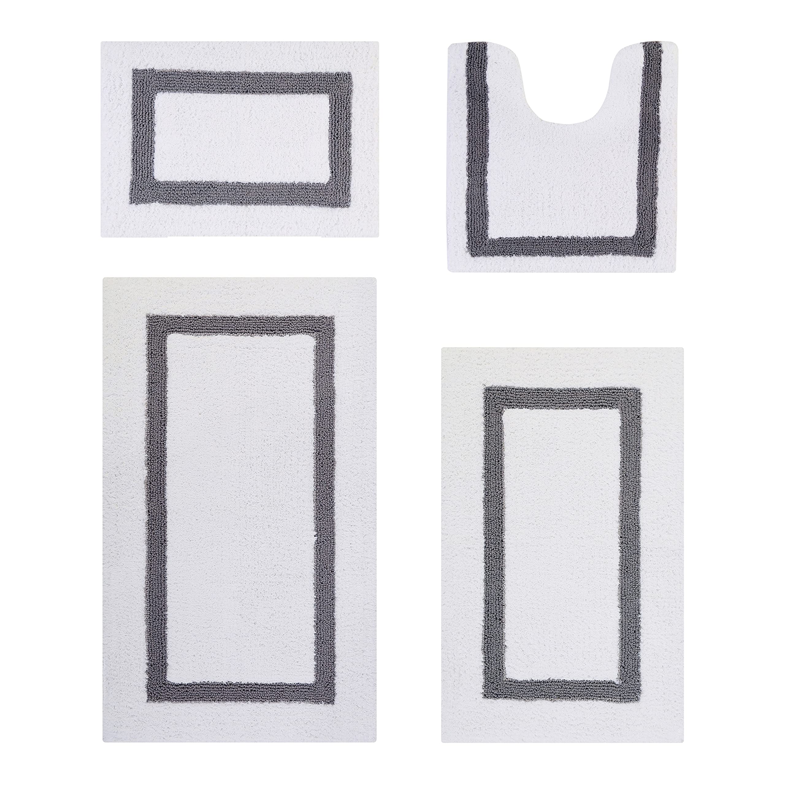 Better Trends Hotel Collection 4-Piece Bathroom Set - Soft Thick Tufted Cotton Contour Mat, Bath Rug & Runner - Machine Washable, Non-Slip, Water Absorbent - White/Gray - Perfect for Bathroom, Spa & Guest Room Decor