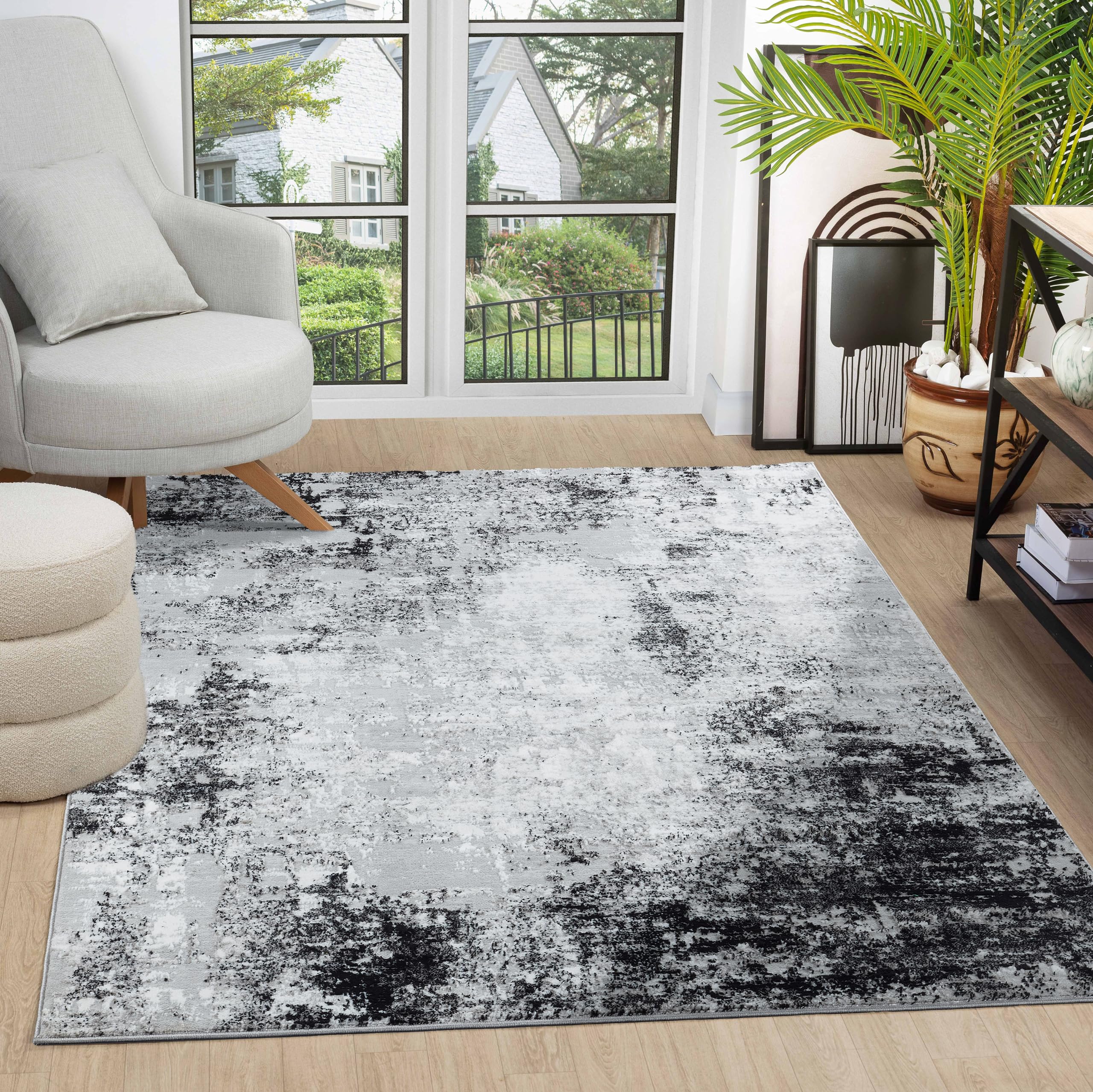 Modern Abstract Area Rug 8x10 - Black Gray Faded Large Rugs for Living Room, Bedroom, Home & Office - Soft Non-Slip Floor Carpet for Cozy Decor & High Traffic Areas