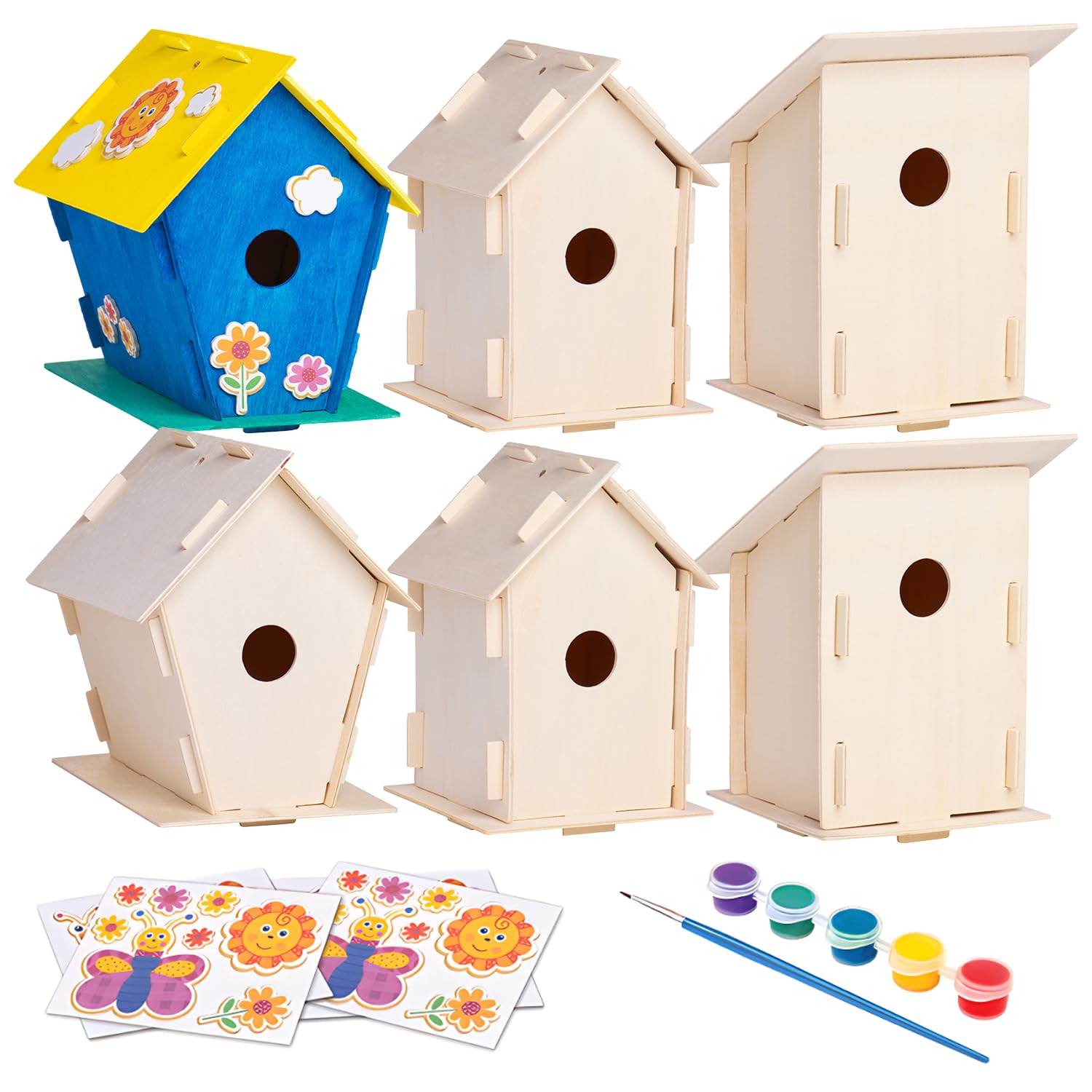 Neliblu DIY 12 Wooden Bird House Kits - Creative Arts and Crafts Set for Kids & Adults - Unfinished Wood Birdhouses with Paint, Brushes, Stickers & Strings - 3 Unique Shapes, 2 Sizes - Perfect for Garden Decor, Kids' Craft Projects & Gift Giving